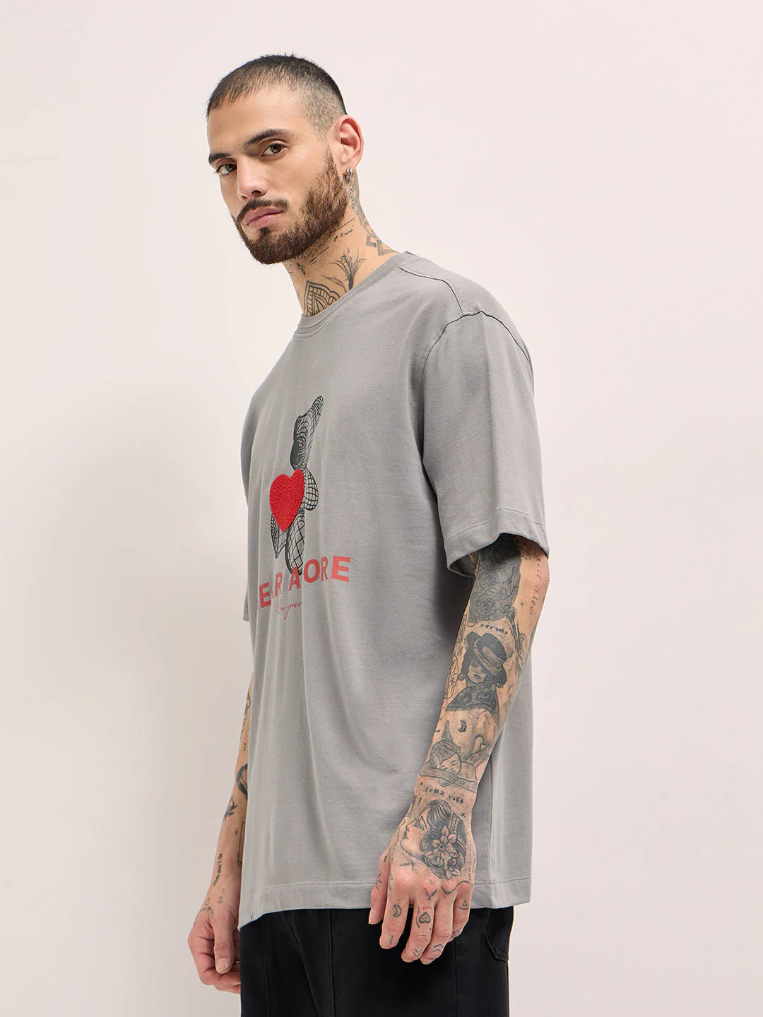 Men Grey Printed Oversized T-shirt - Image 3