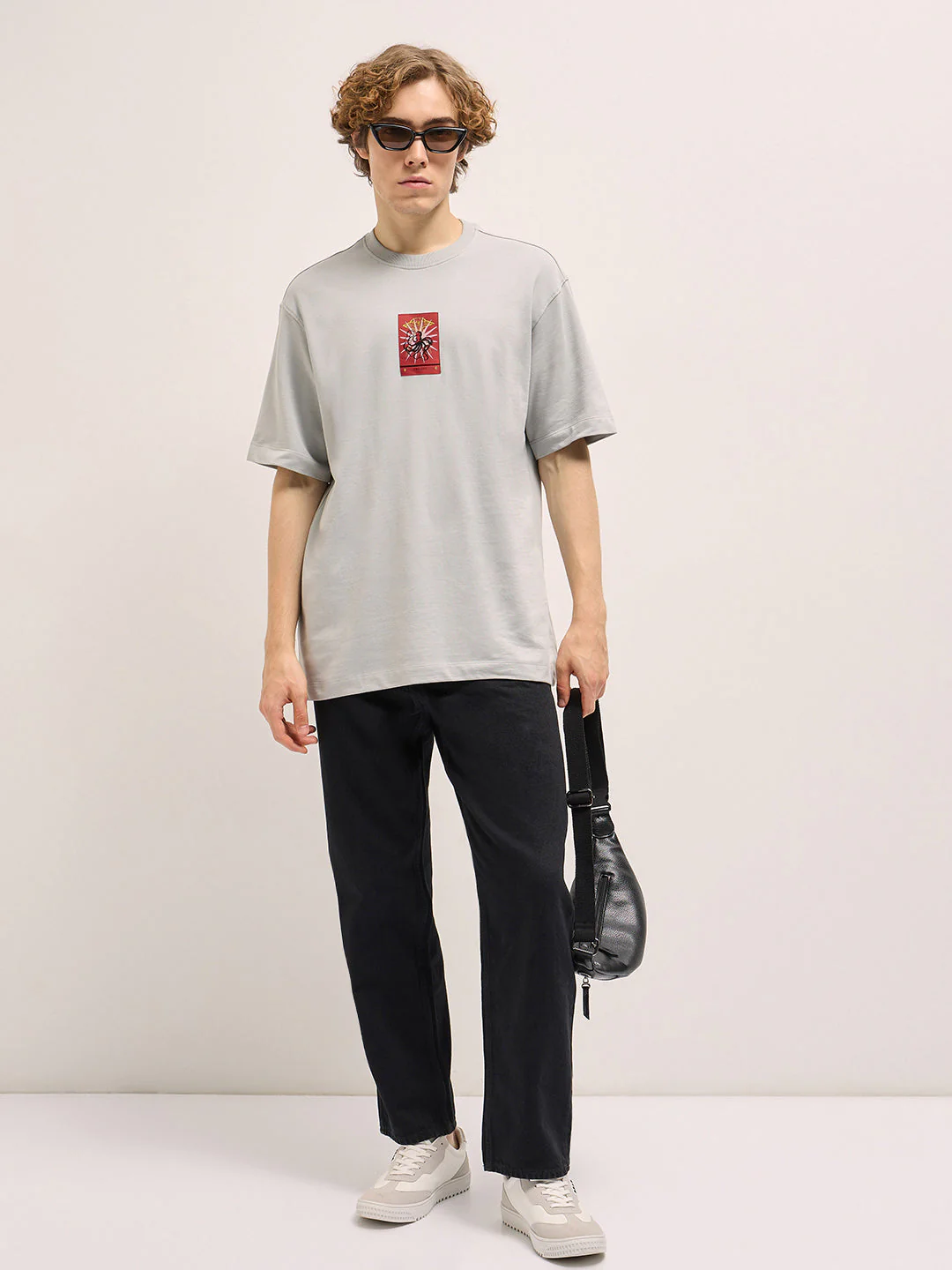 Men Grey Oversize Bold Graphic abstract Print Crew Neck T-shirt - Image 3