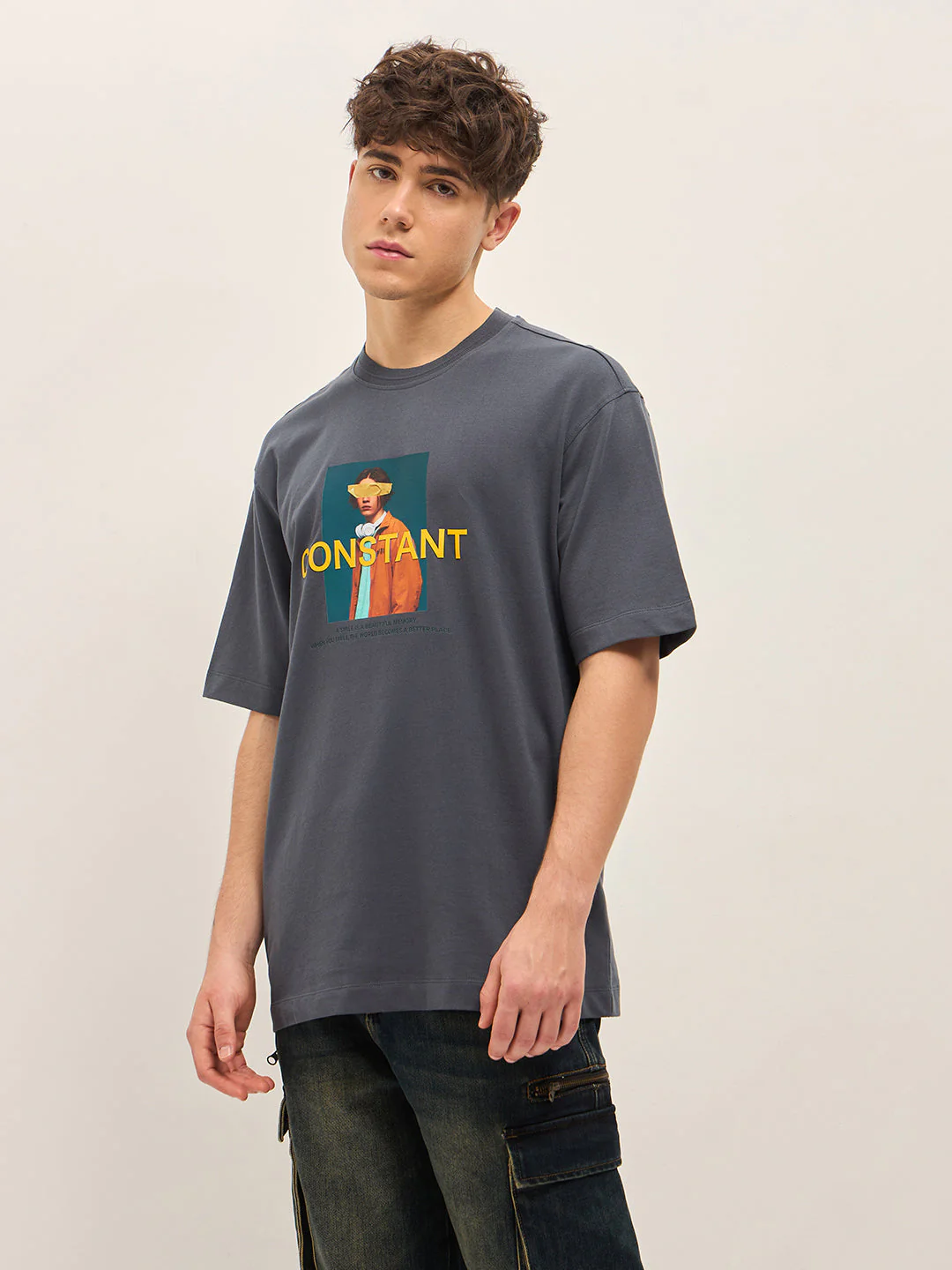 Men Grey Oversize Graphic Printed Crew Neck T-shirt - Image 3