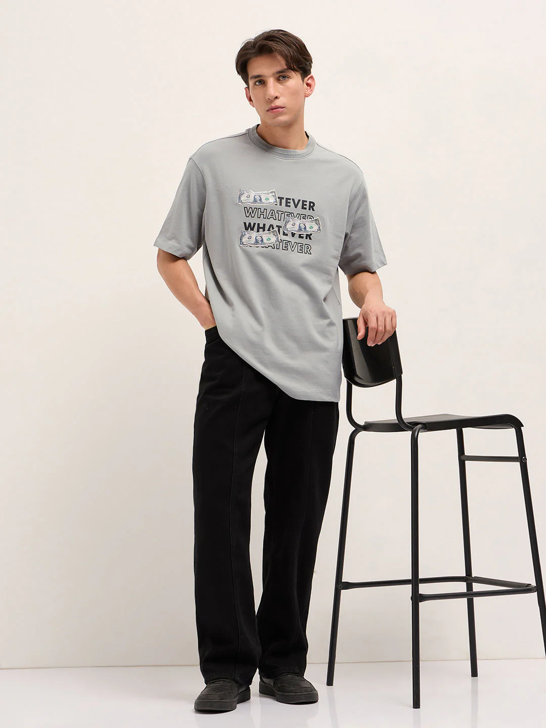 Men Grey Oversized Crew Neck T-Shirt - Image 4