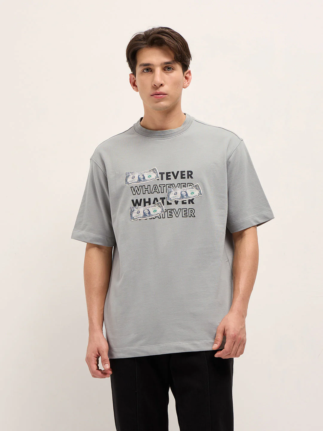 Men Grey Oversized Crew Neck T-Shirt - Image 5