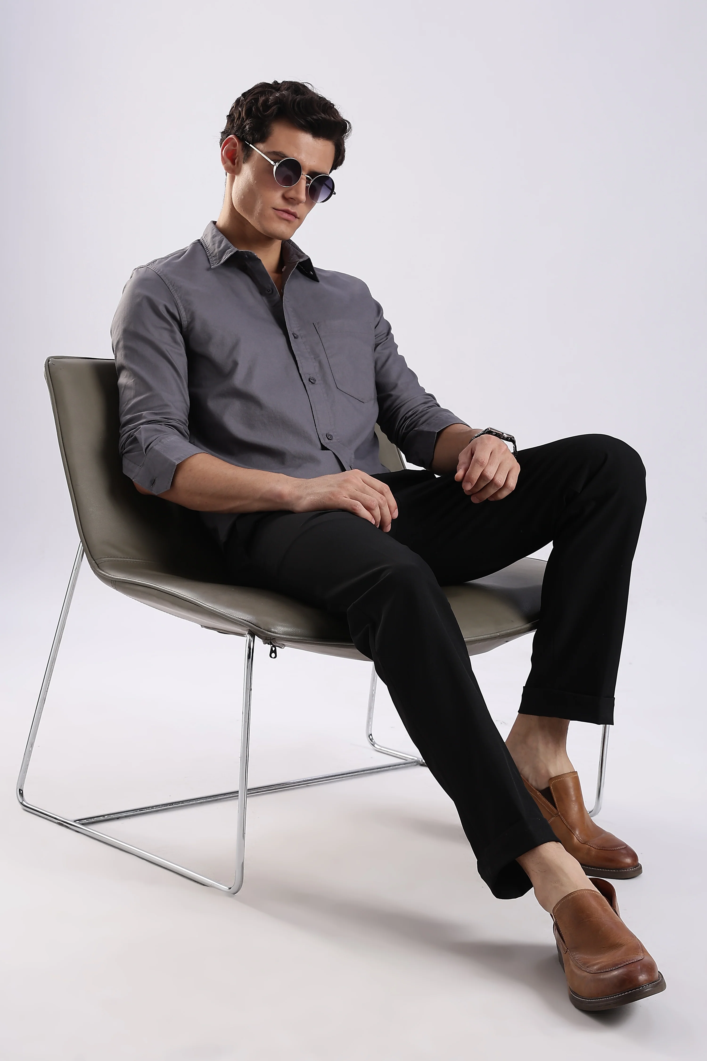 Men Grey Oxford Solid Shirt - Image 11
