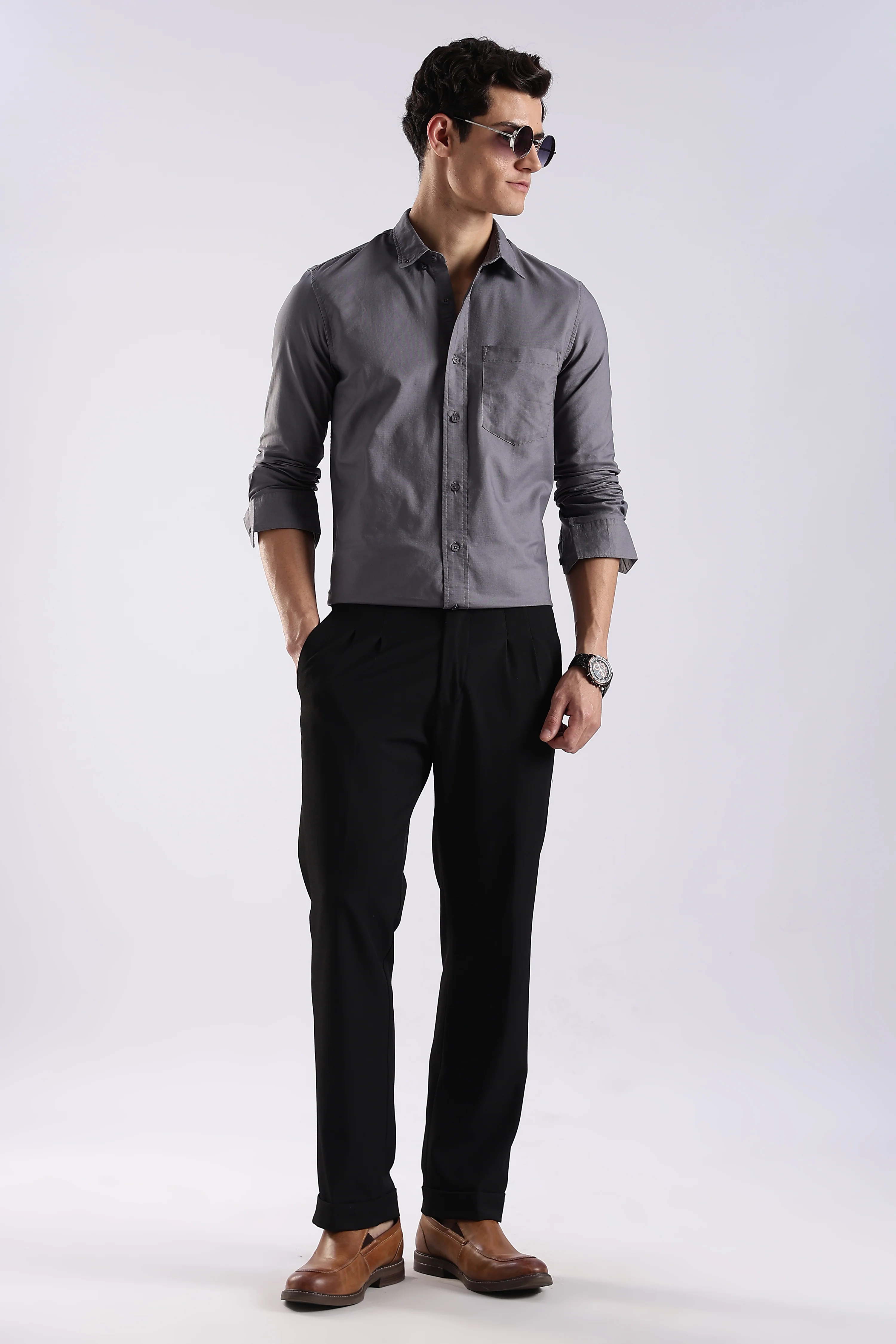 Men Grey Oxford Solid Shirt - Image 8