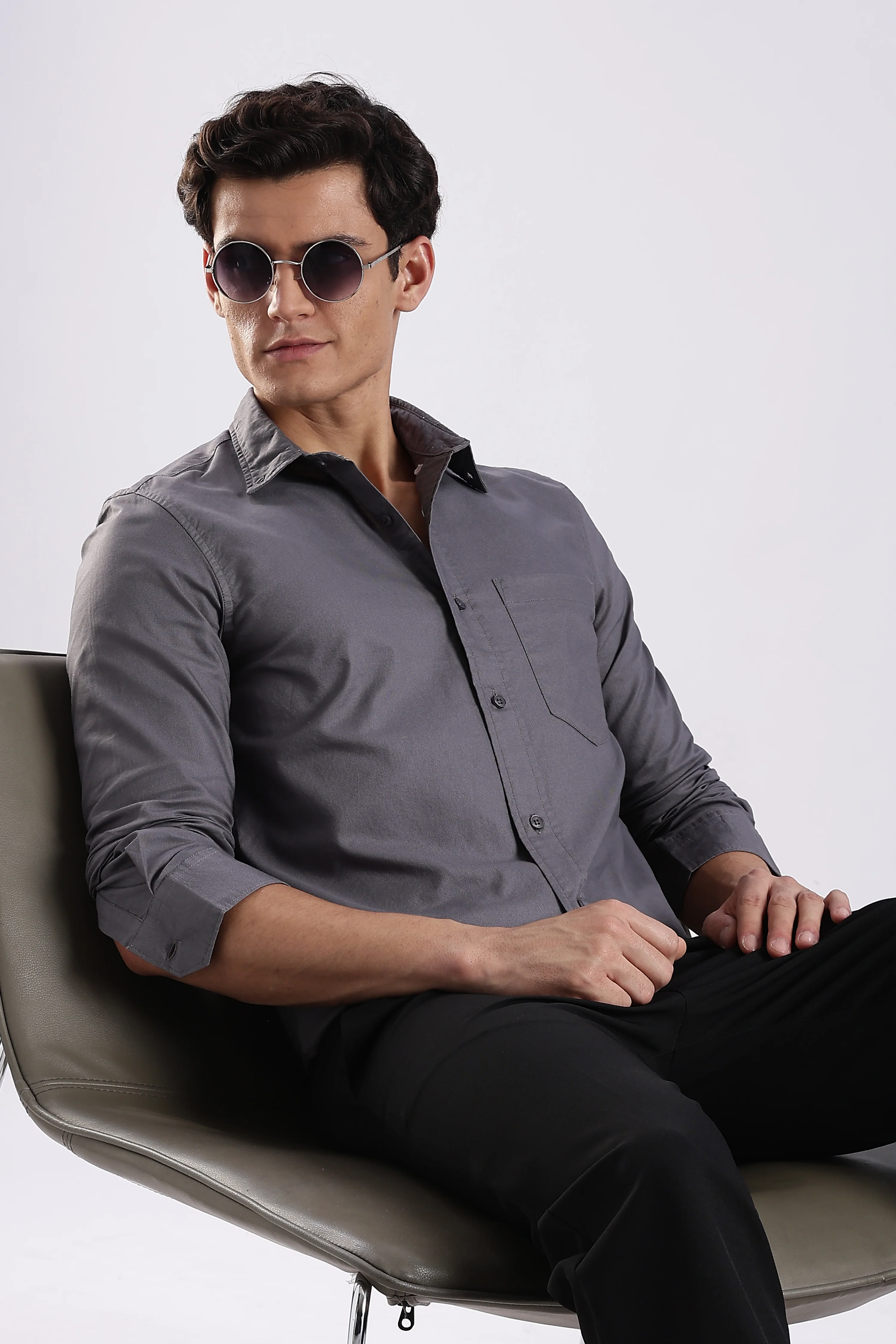 Men Grey Oxford Solid Shirt - Image 9