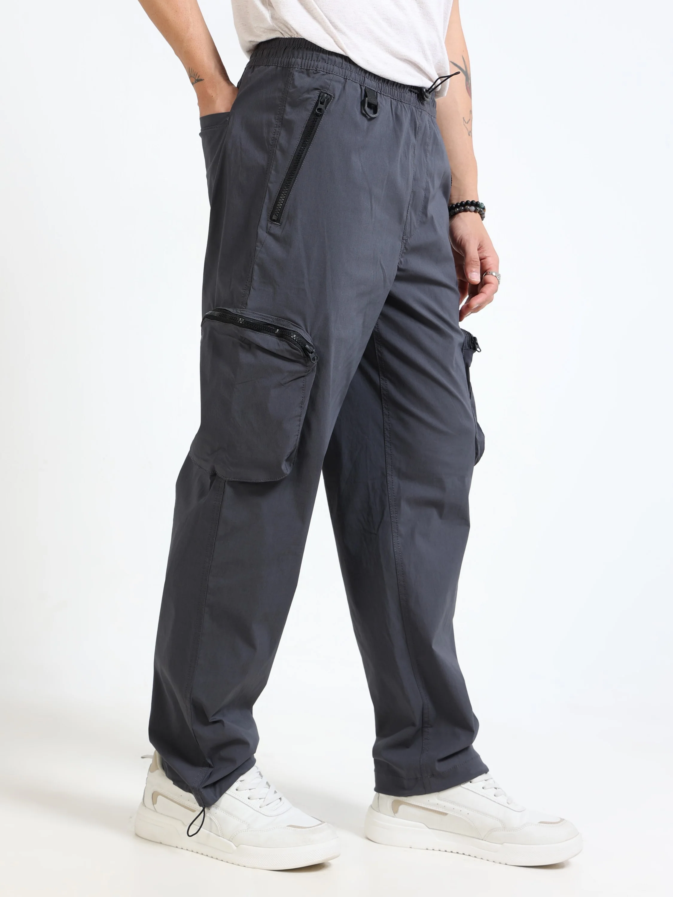 Men Grey Parachute Cargo Pants - Image 5