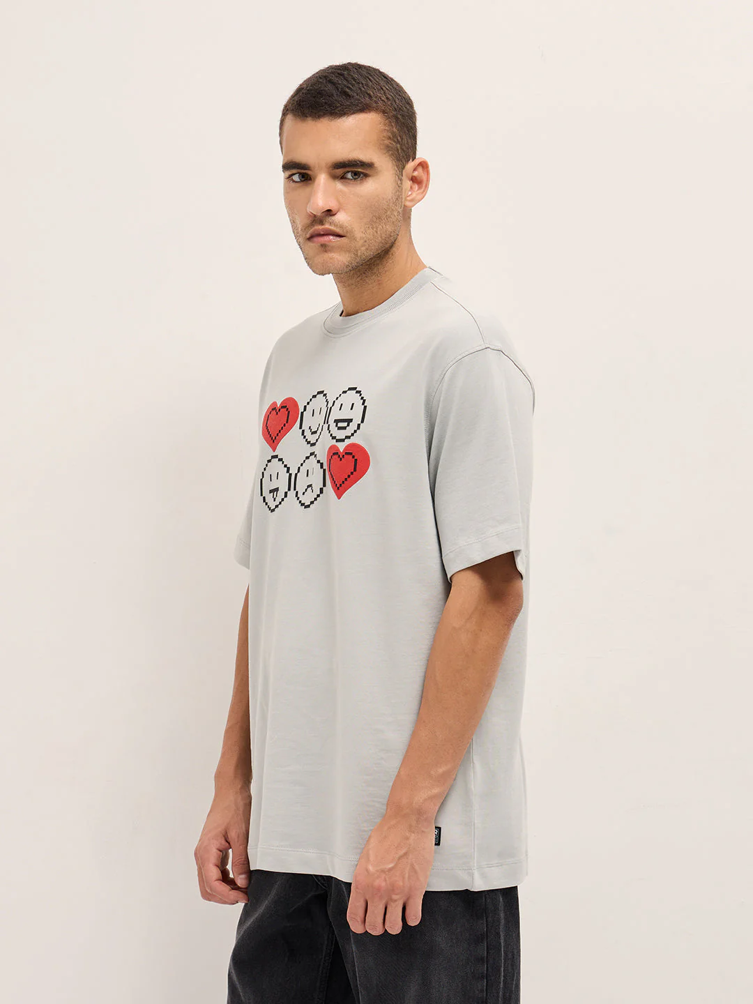Men Grey Printed Oversized Crew Neck T-shirt - Image 3