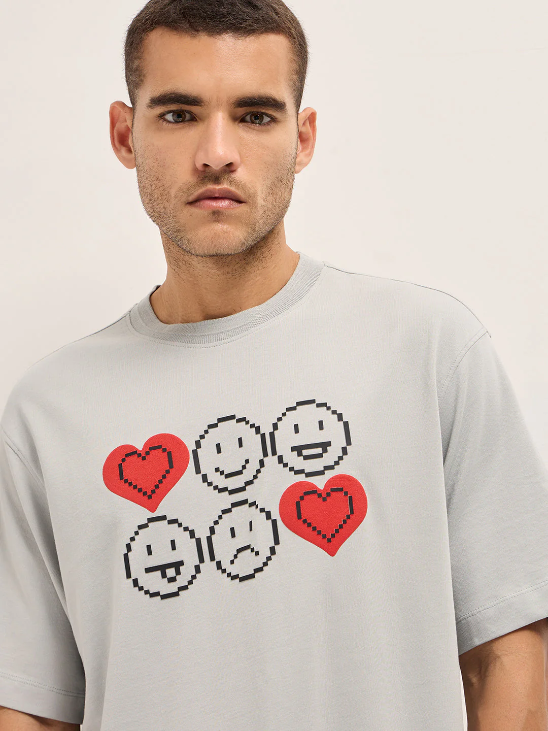 Men Grey Printed Oversized Crew Neck T-shirt - Image 5