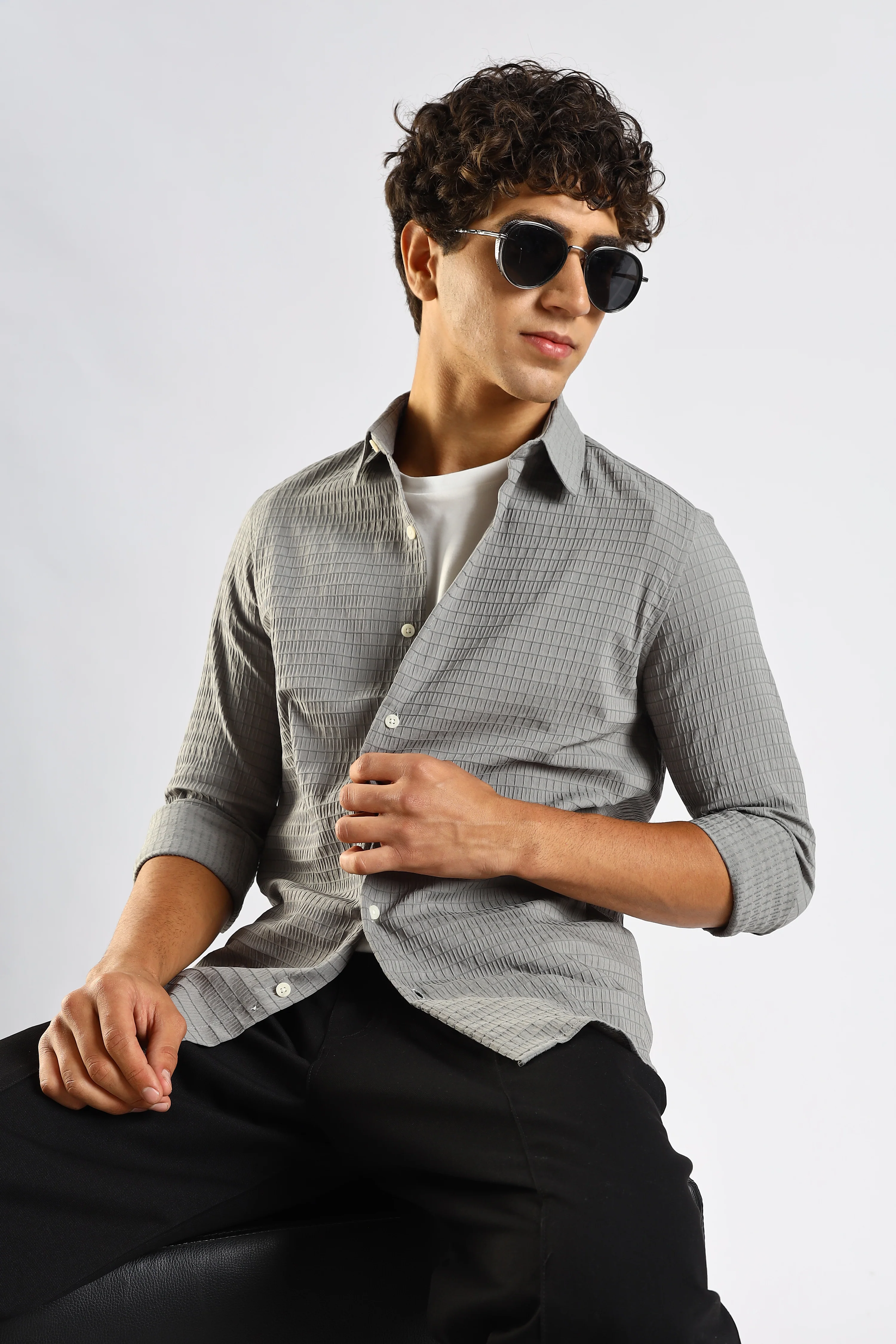Men Grey Poly Blend Slim Fit Shirt - Image 10