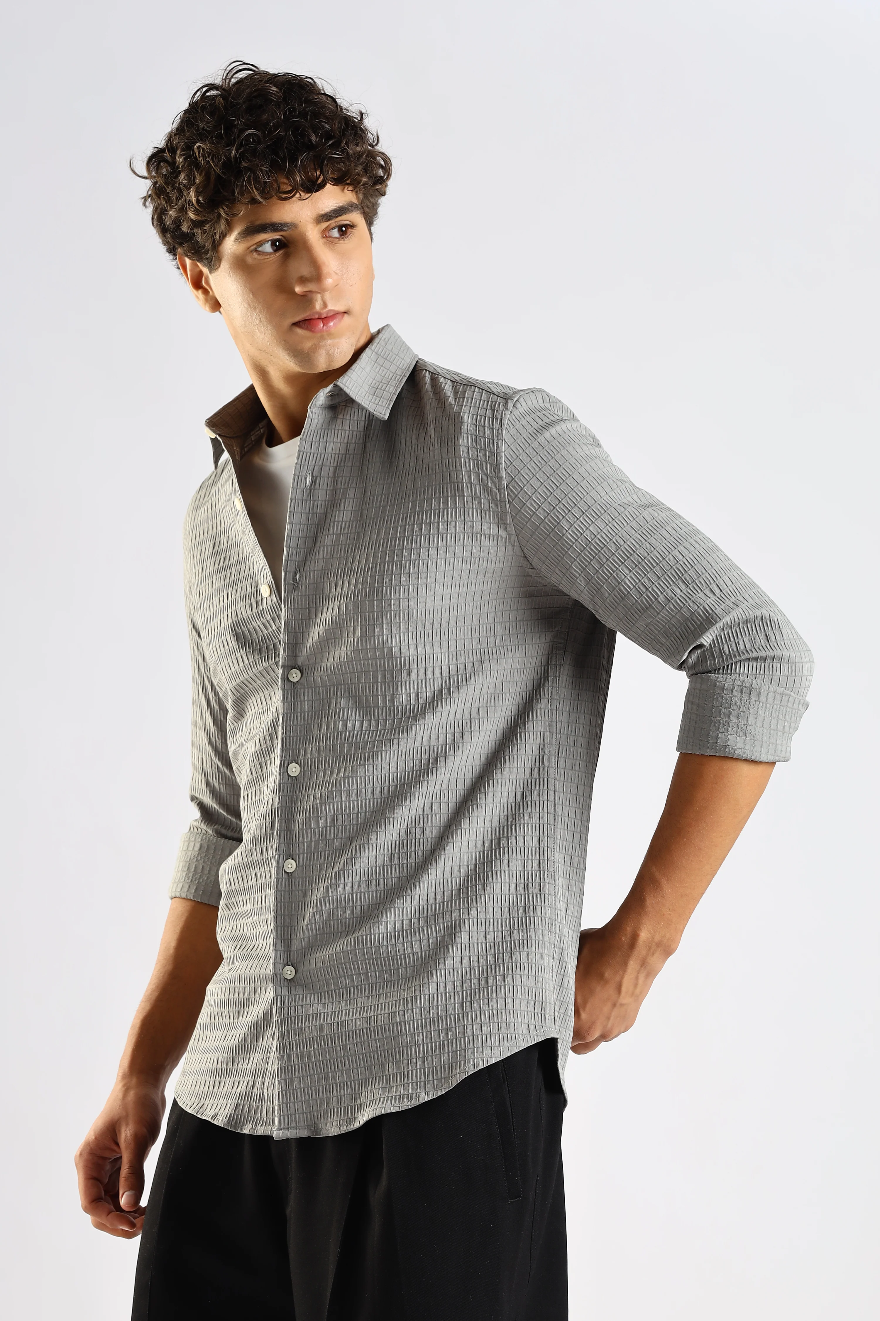 Men Grey Poly Blend Slim Fit Shirt - Image 3