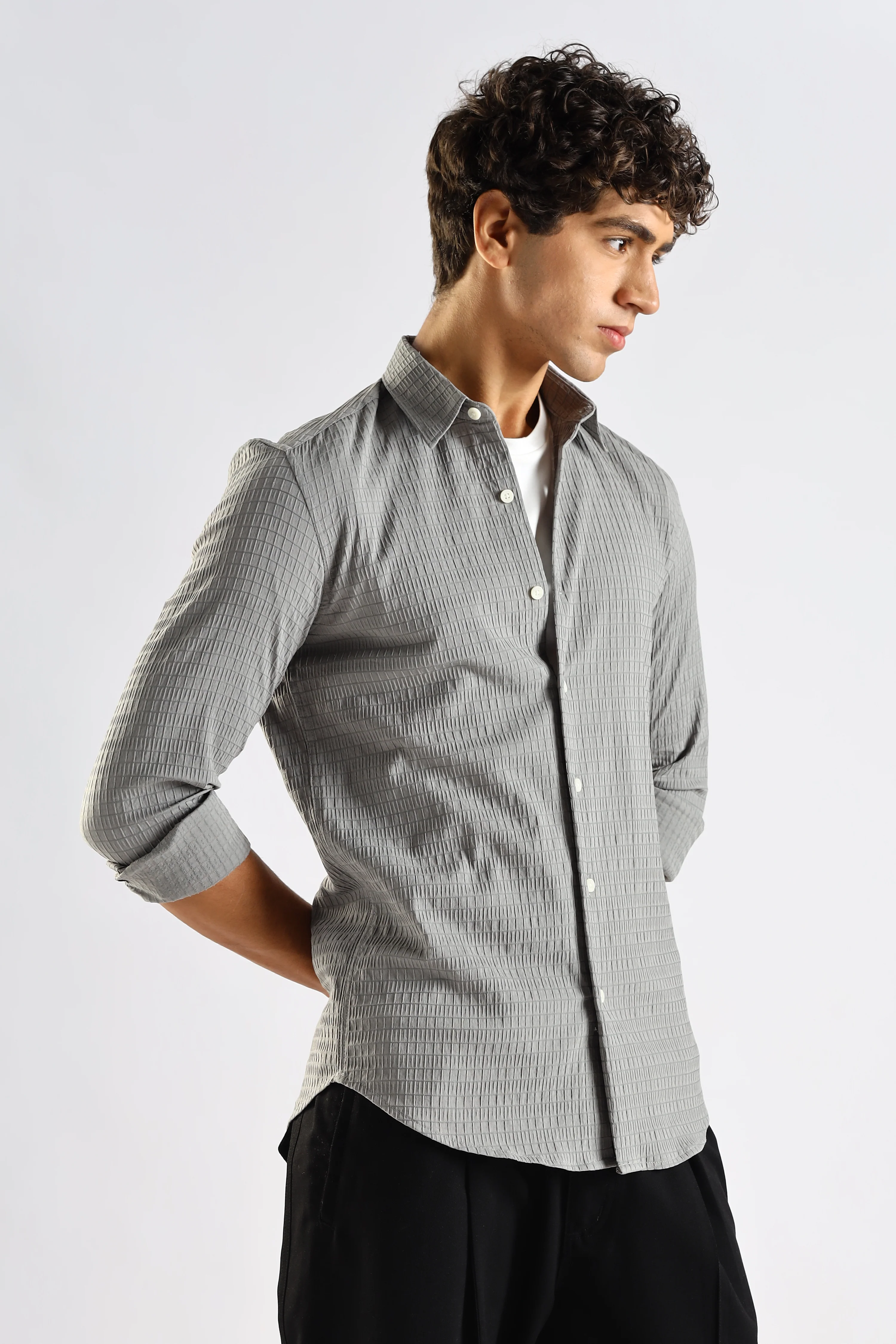 Men Grey Poly Blend Slim Fit Shirt - Image 4