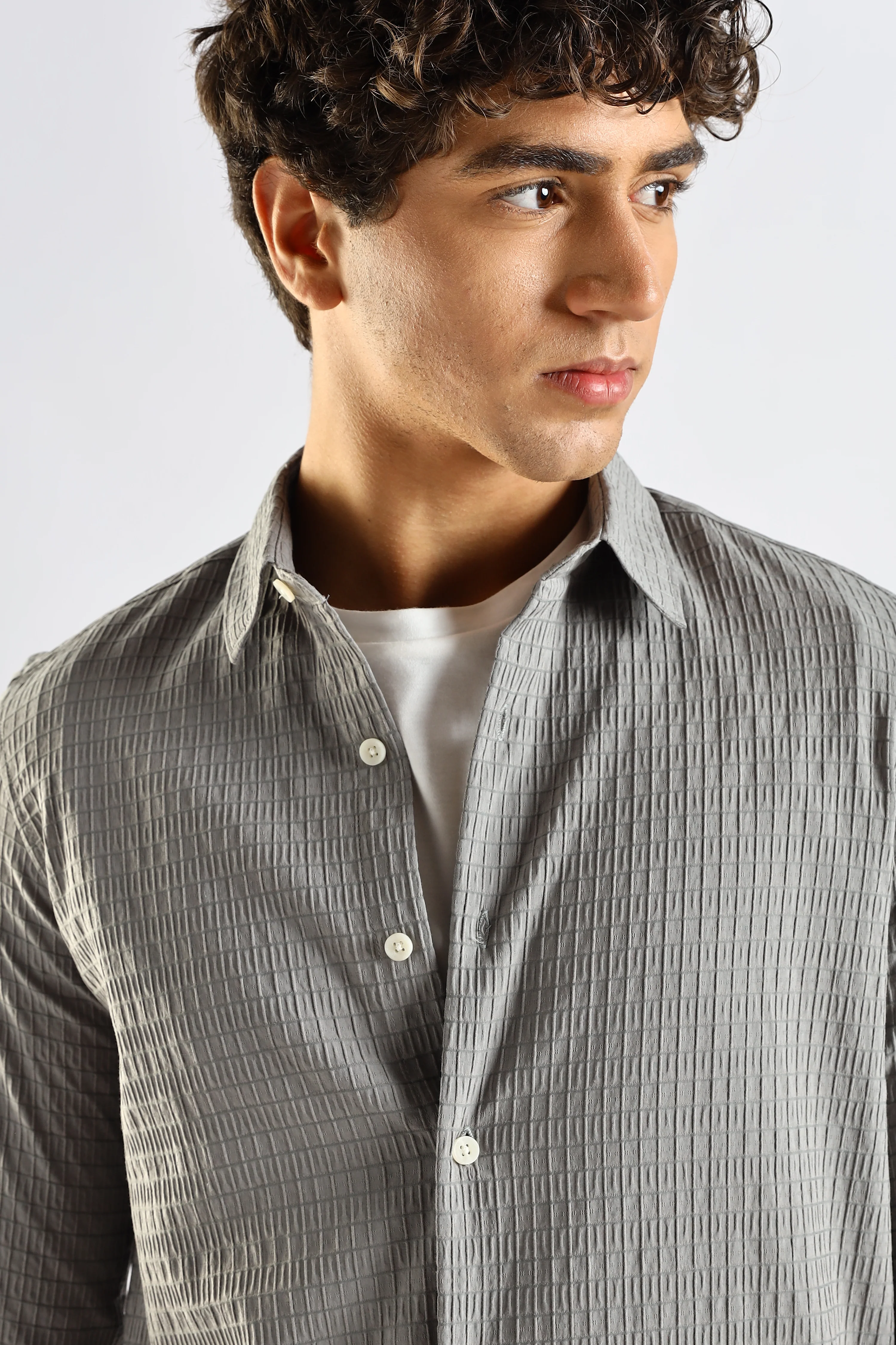 Men Grey Poly Blend Slim Fit Shirt - Image 5