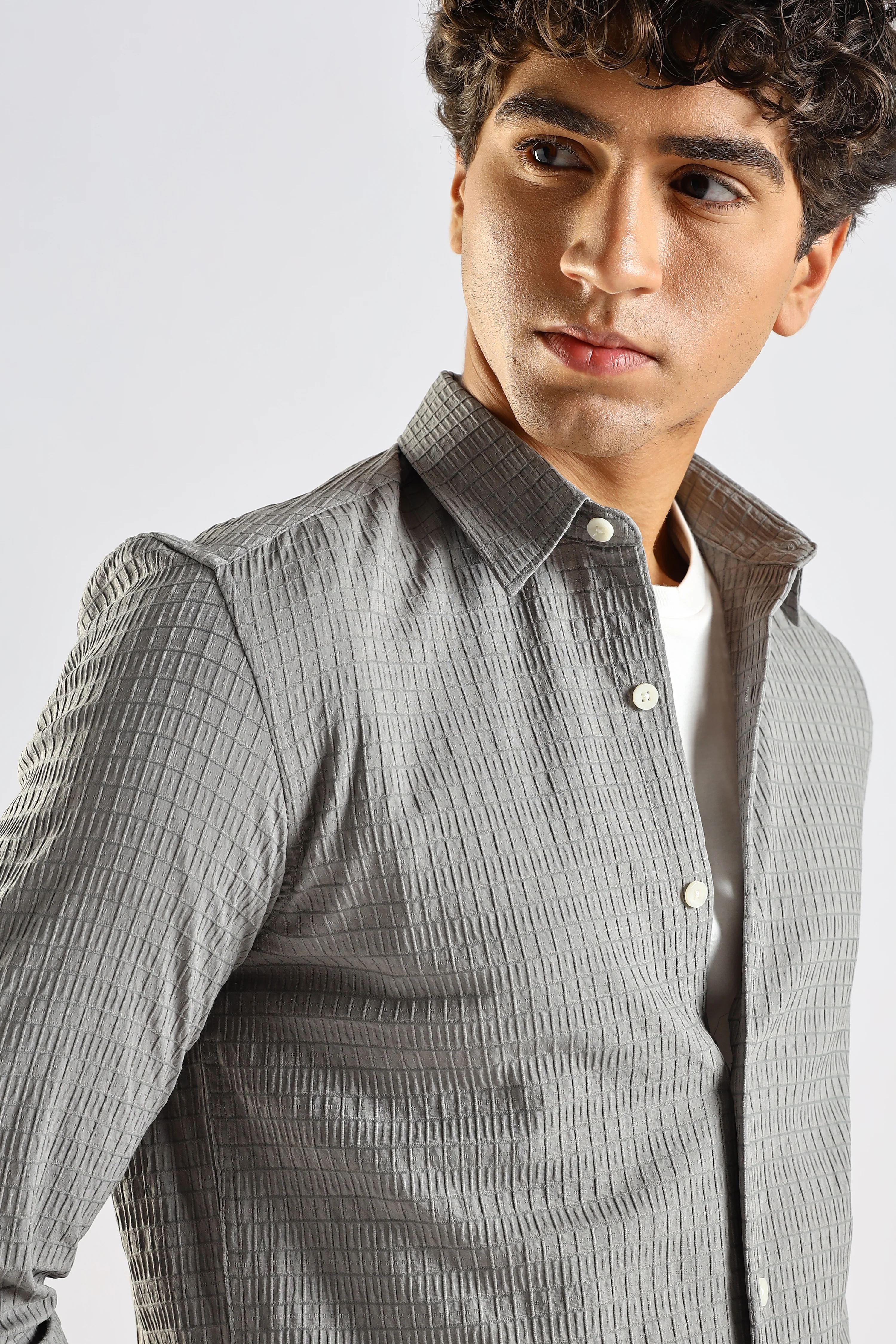 Men Grey Poly Blend Slim Fit Shirt - Image 6