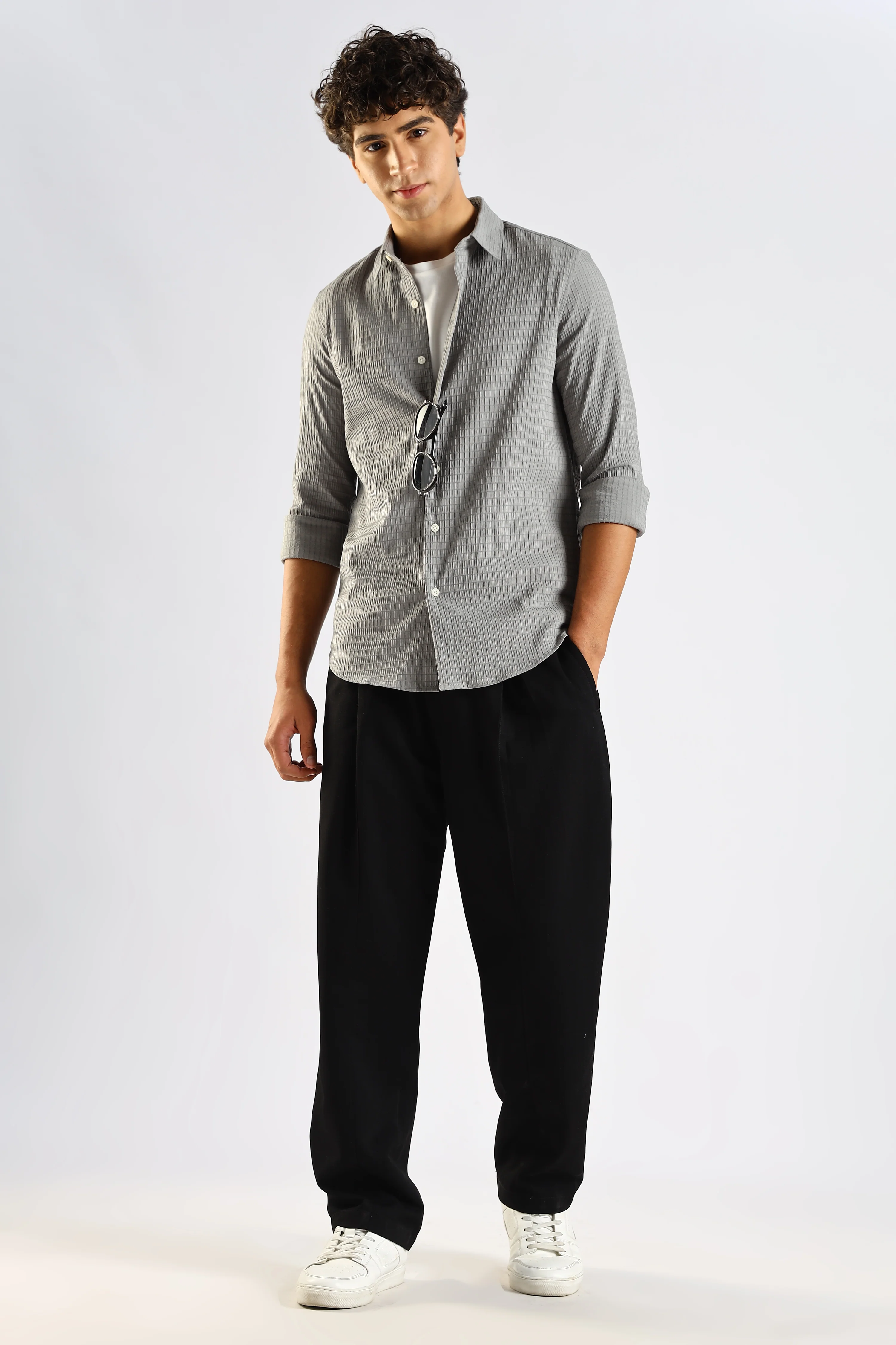 Men Grey Poly Blend Slim Fit Shirt - Image 7