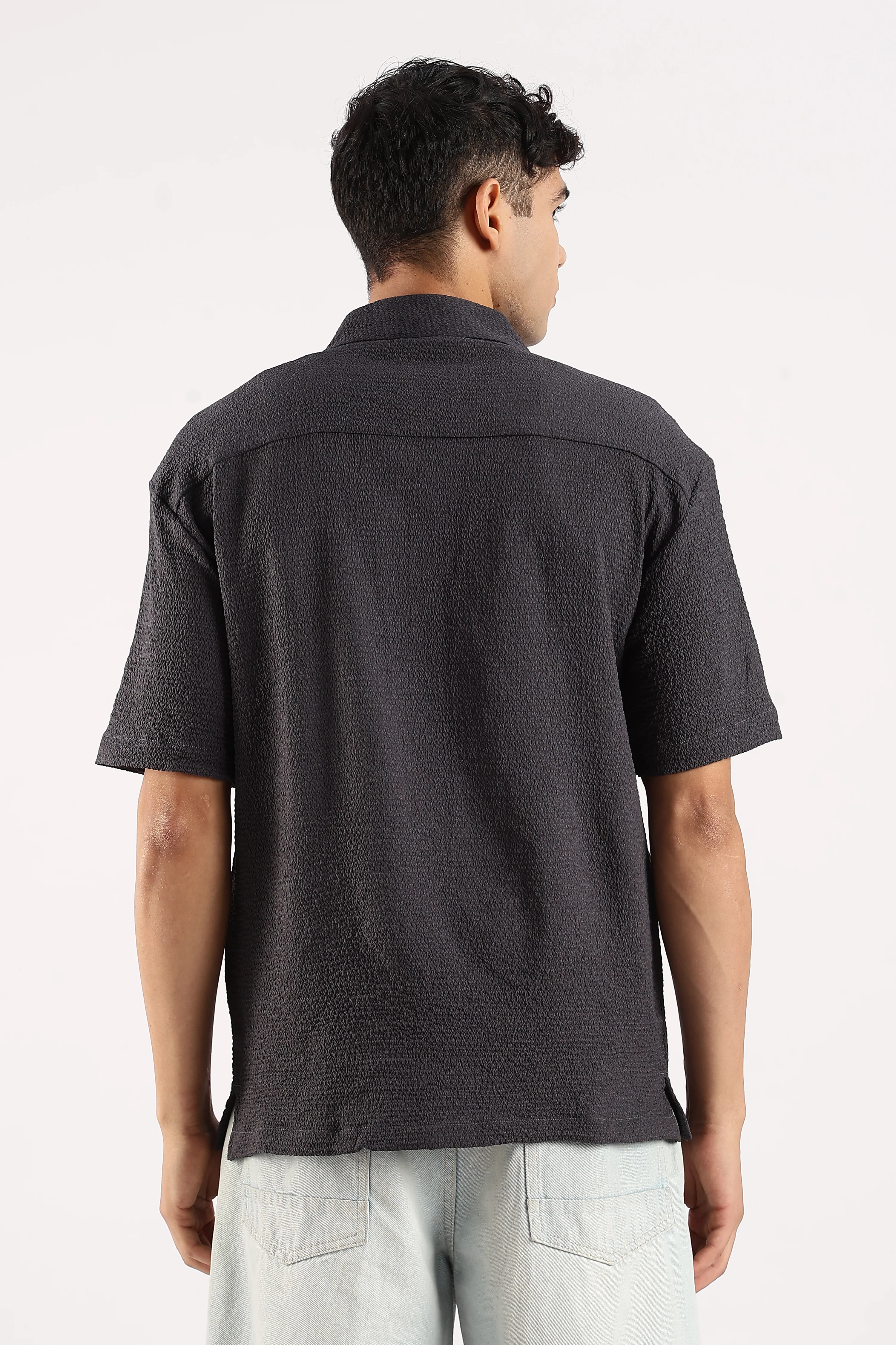 Men Grey Poly Textured Shirt - Image 3