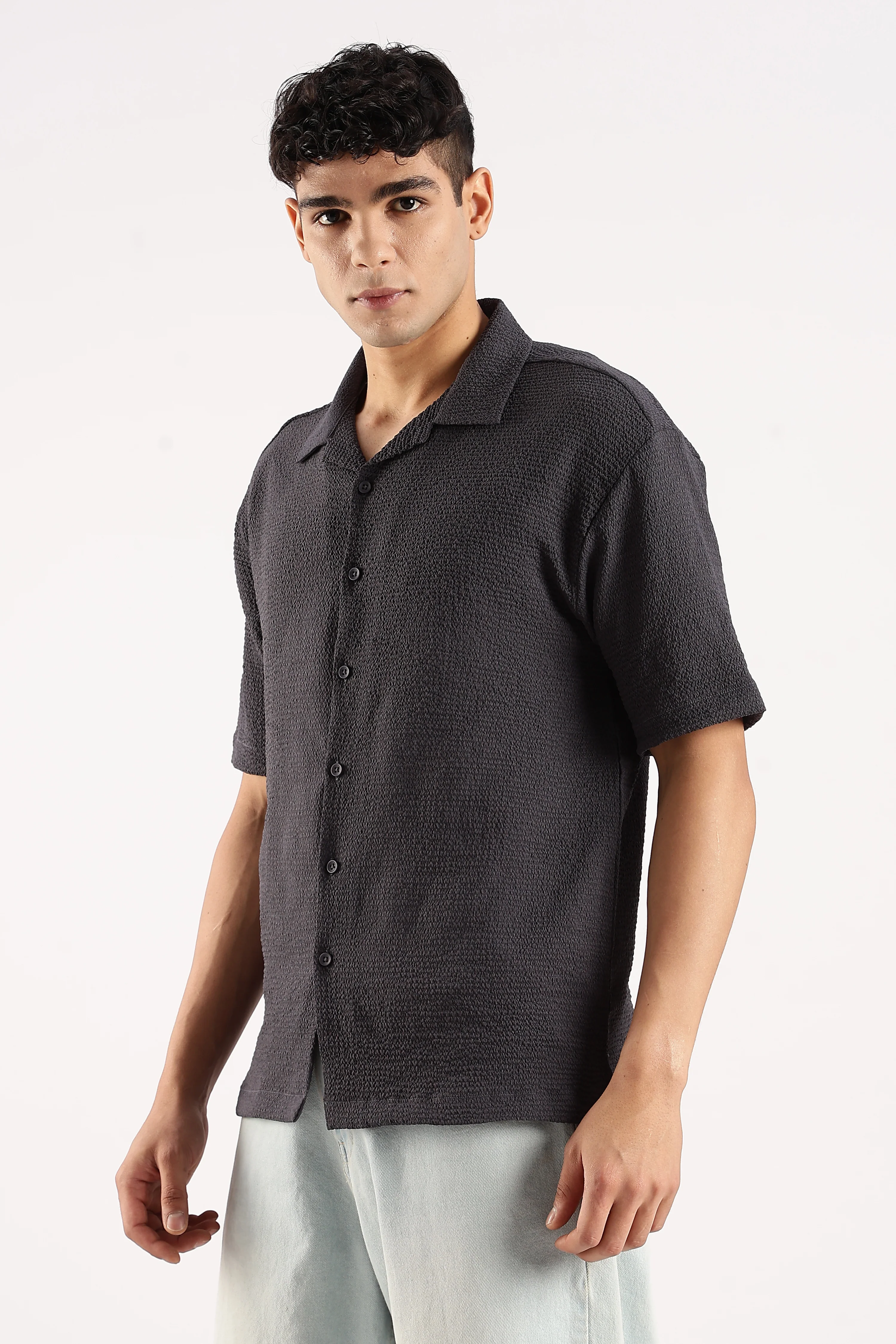 Men Grey Poly Textured Shirt - Image 4