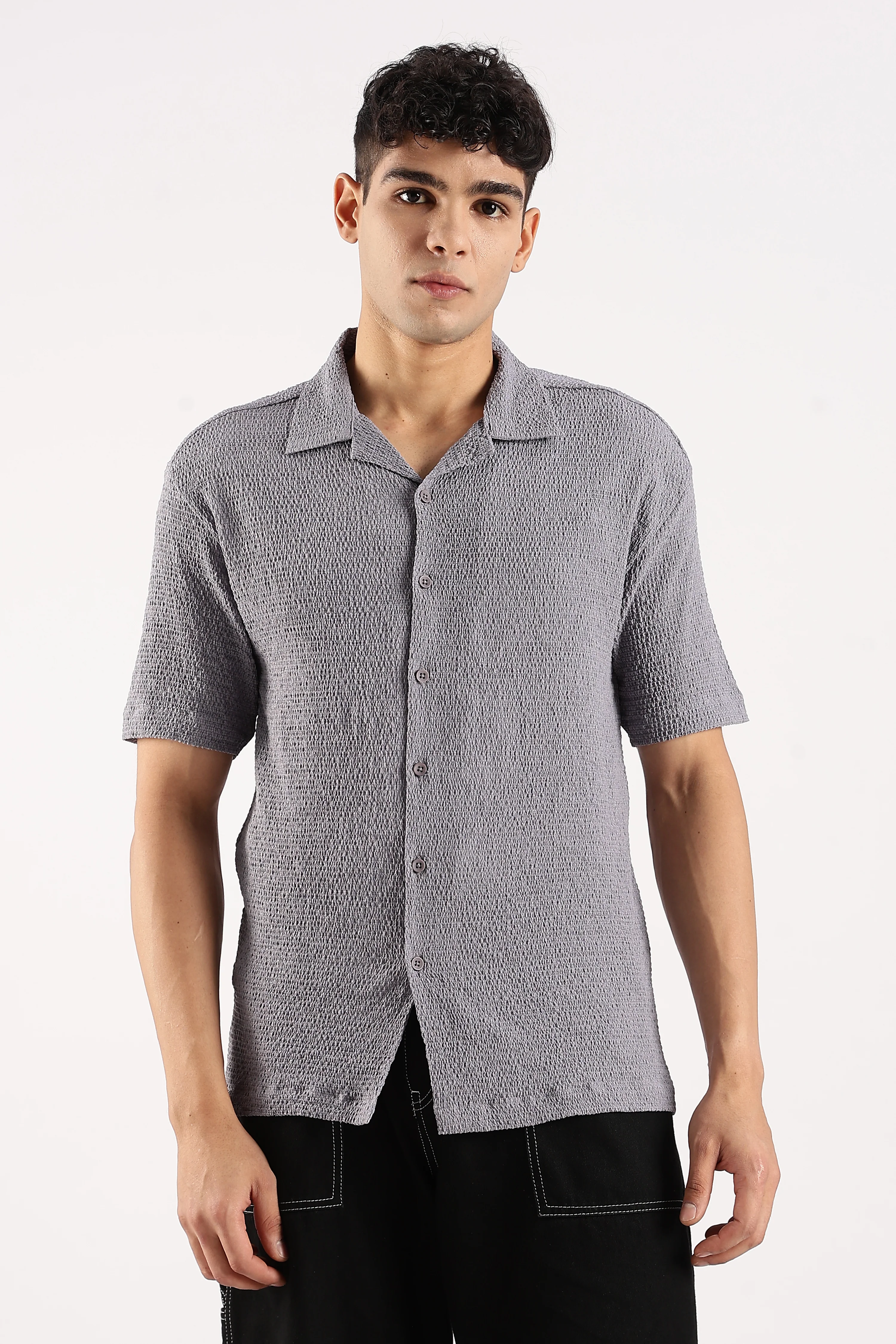 Men Grey Poly Textured Shirt