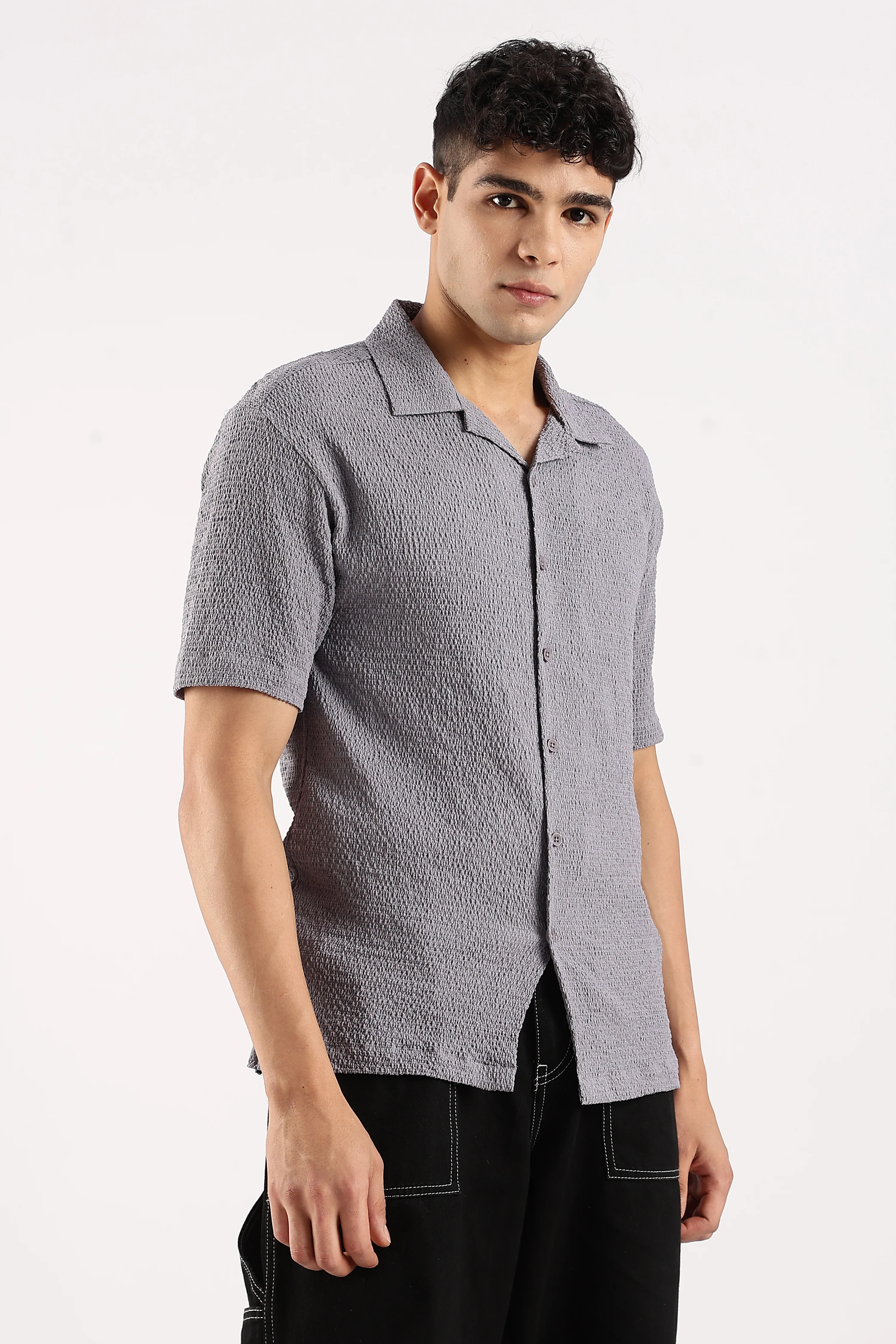 Men Grey Poly Textured Shirt - Image 2