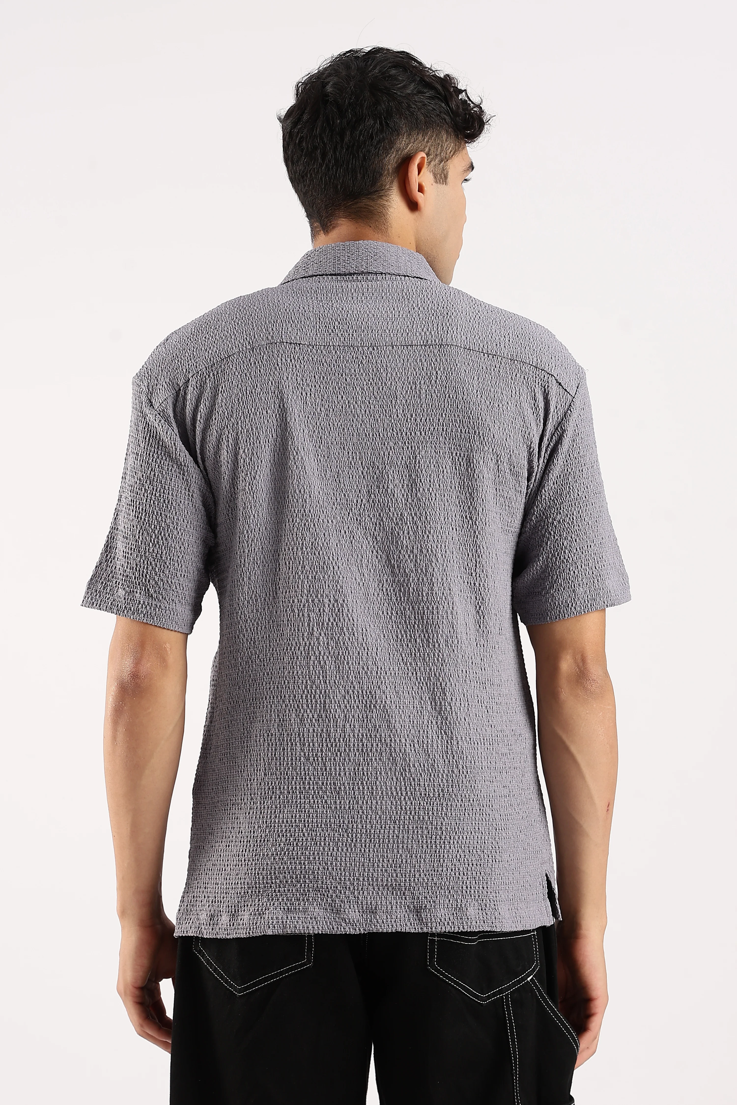 Men Grey Poly Textured Shirt - Image 3