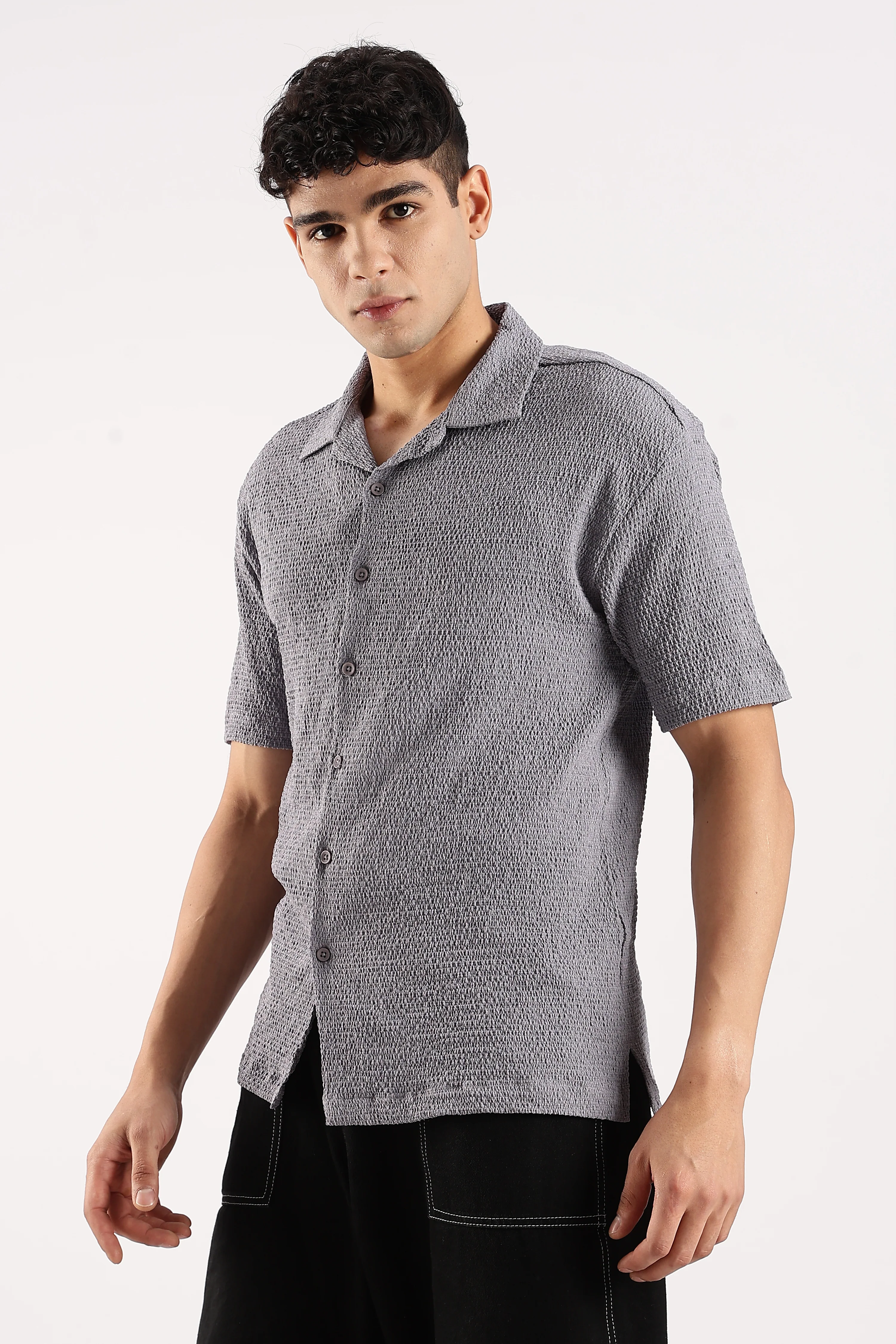 Men Grey Poly Textured Shirt - Image 4