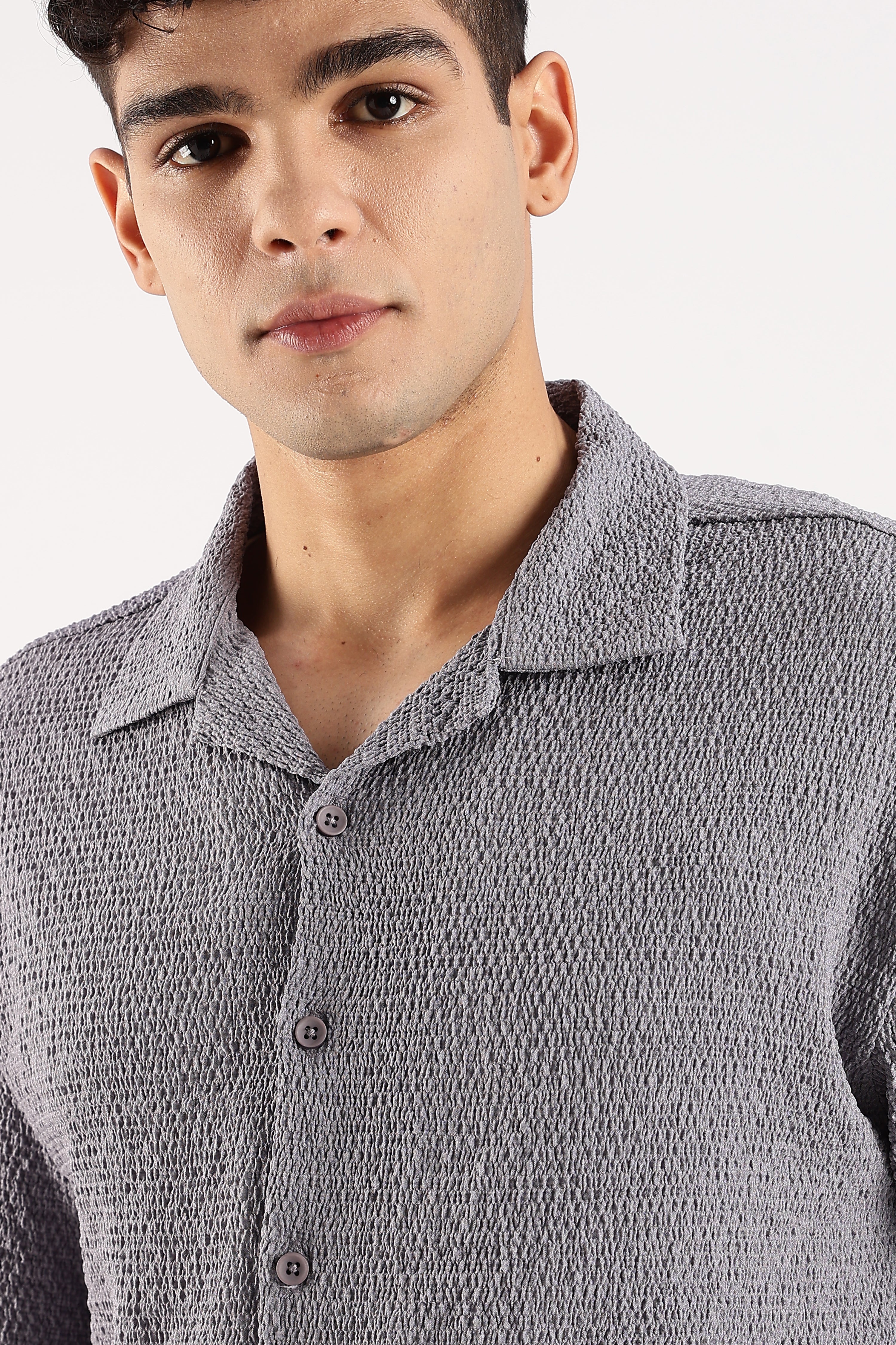 Men Grey Poly Textured Shirt - Image 5