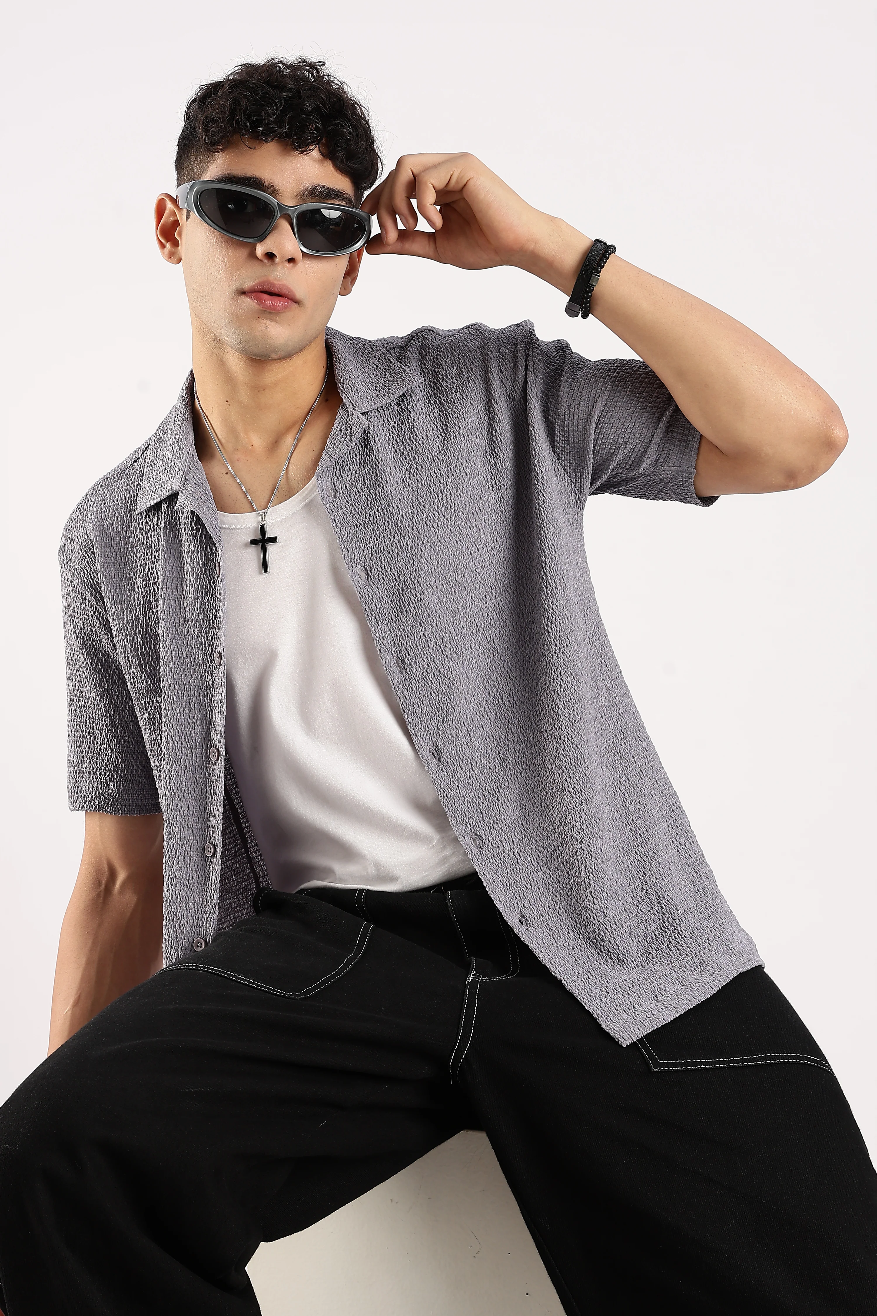 Men Grey Poly Textured Shirt - Image 8