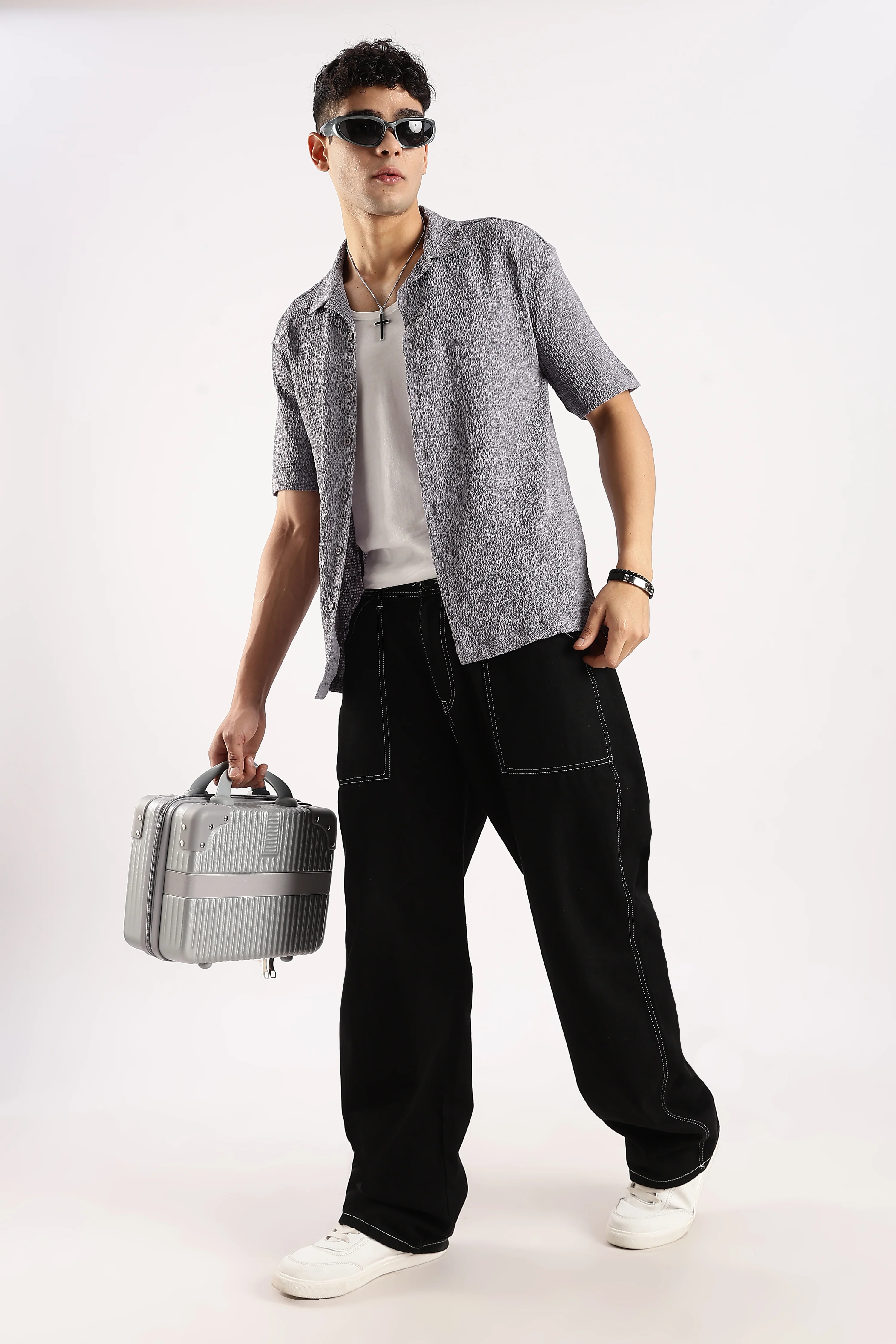 Men Grey Poly Textured Shirt - Image 9