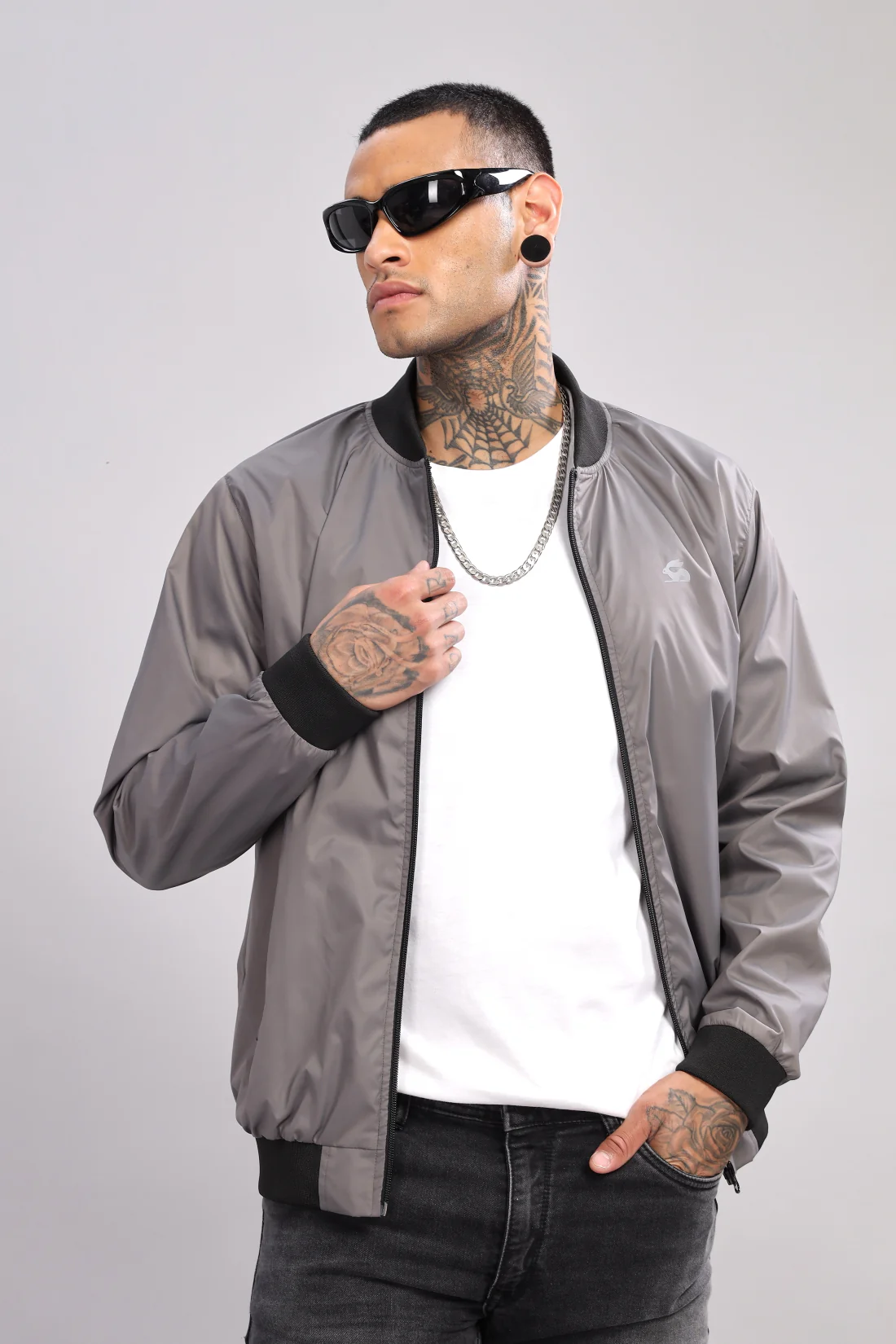 Men Grey Polyester Winter Jacket