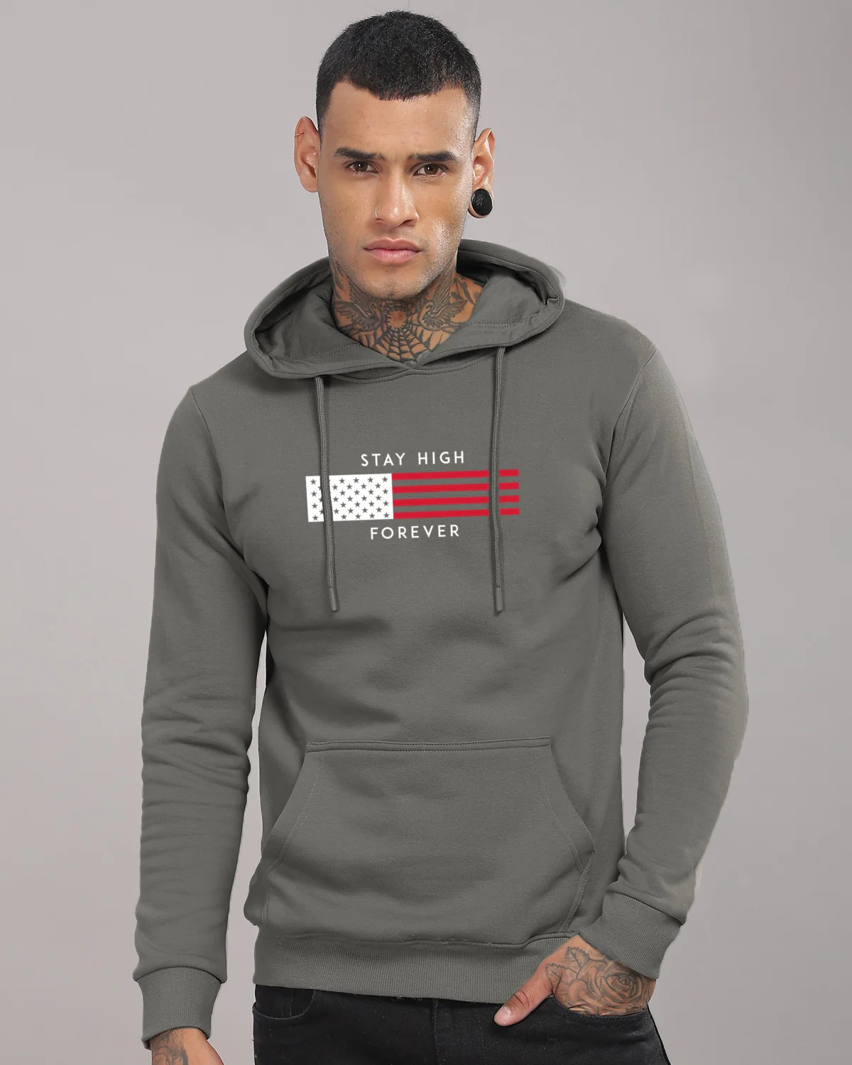 Men Grey Printed Cotton Hoodie - Image 2