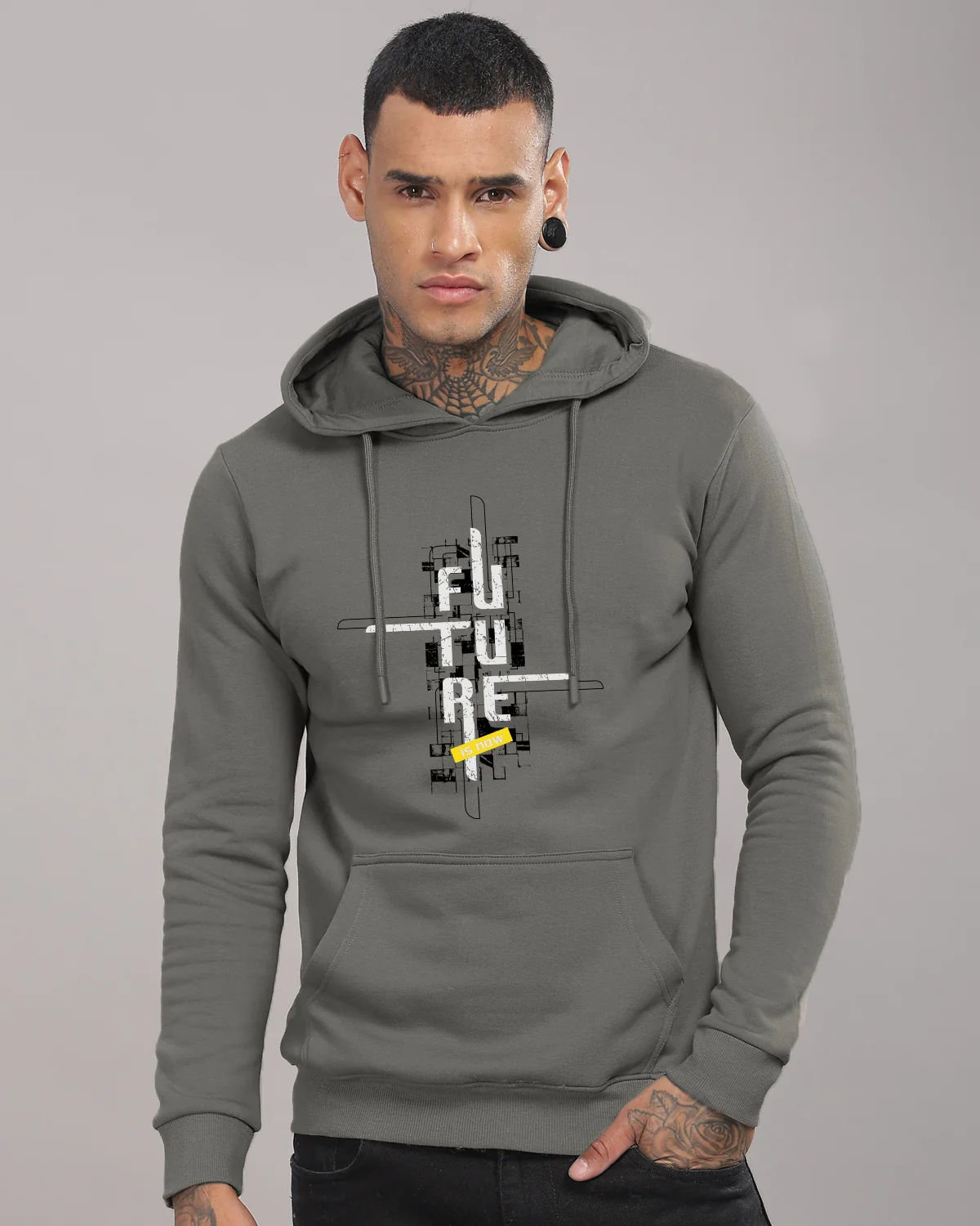 Men Grey Printed Cotton Hoodie