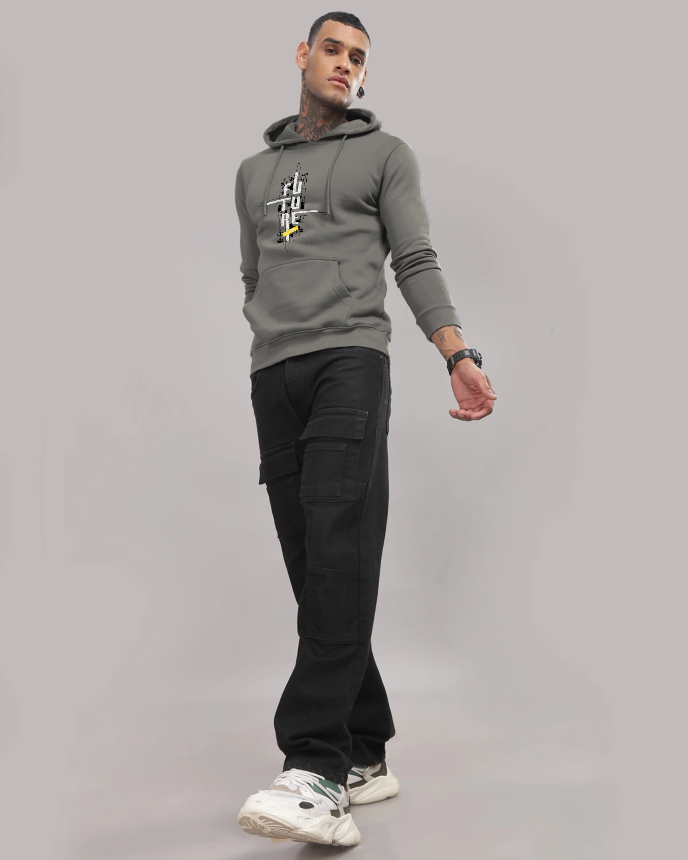 Men Grey Printed Cotton Hoodie - Image 6
