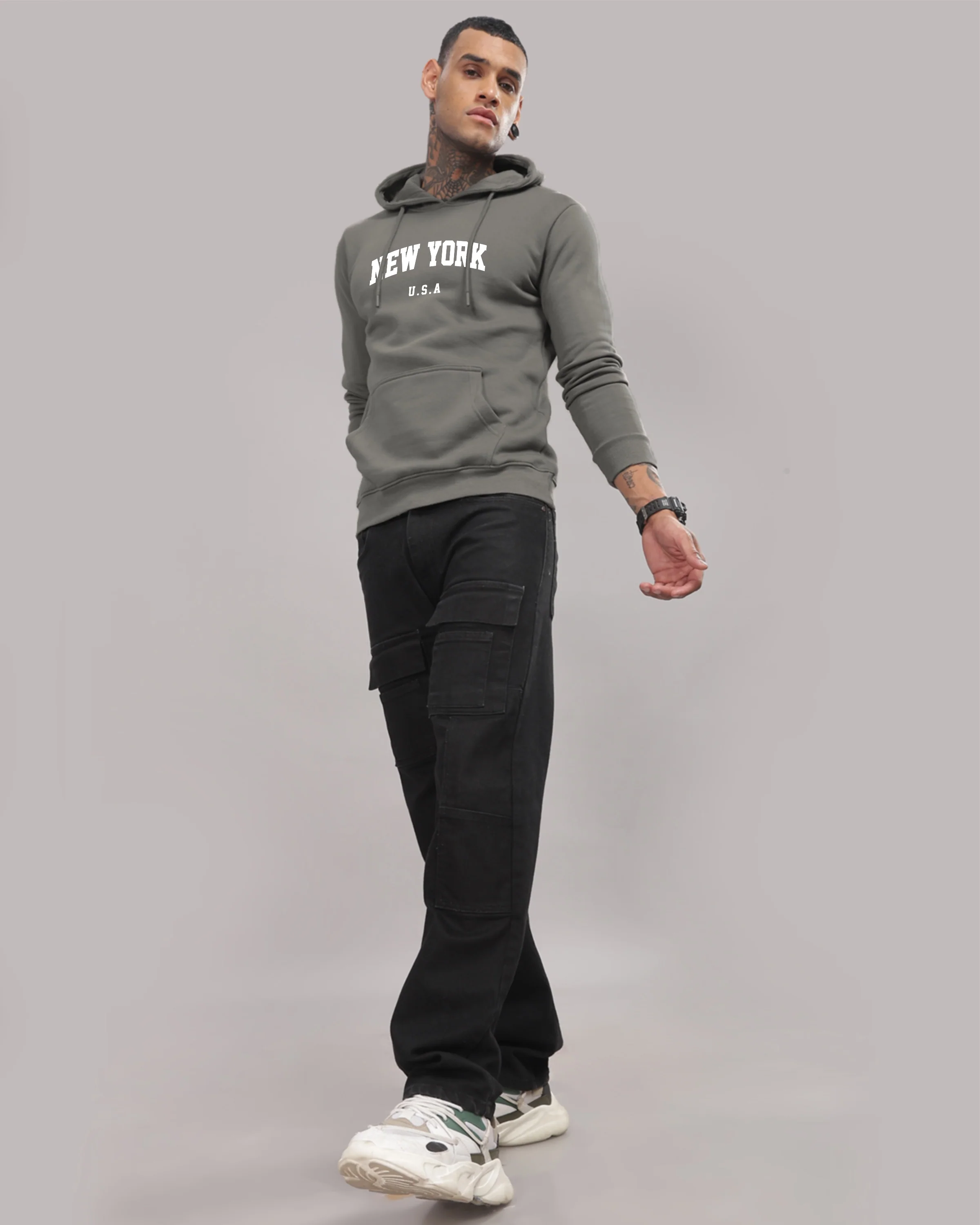 Men Grey Printed Cotton Hoodie