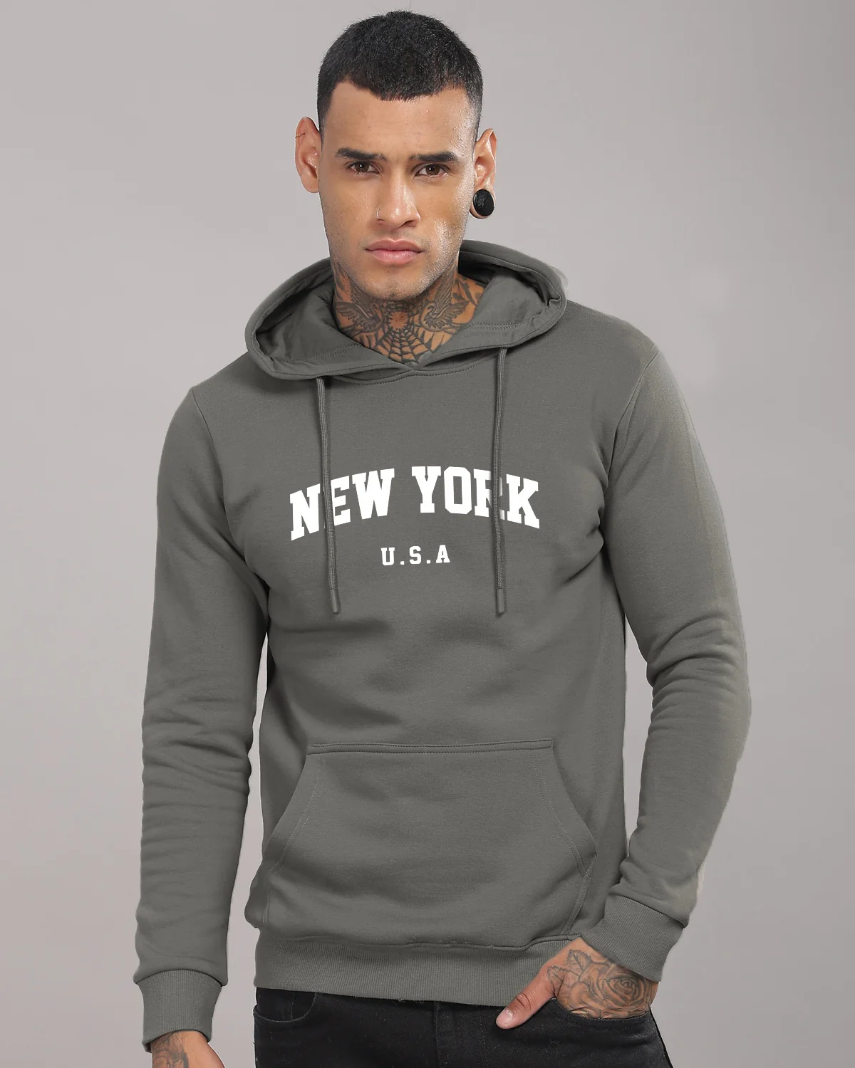 Men Grey Printed Cotton Hoodie - Image 2