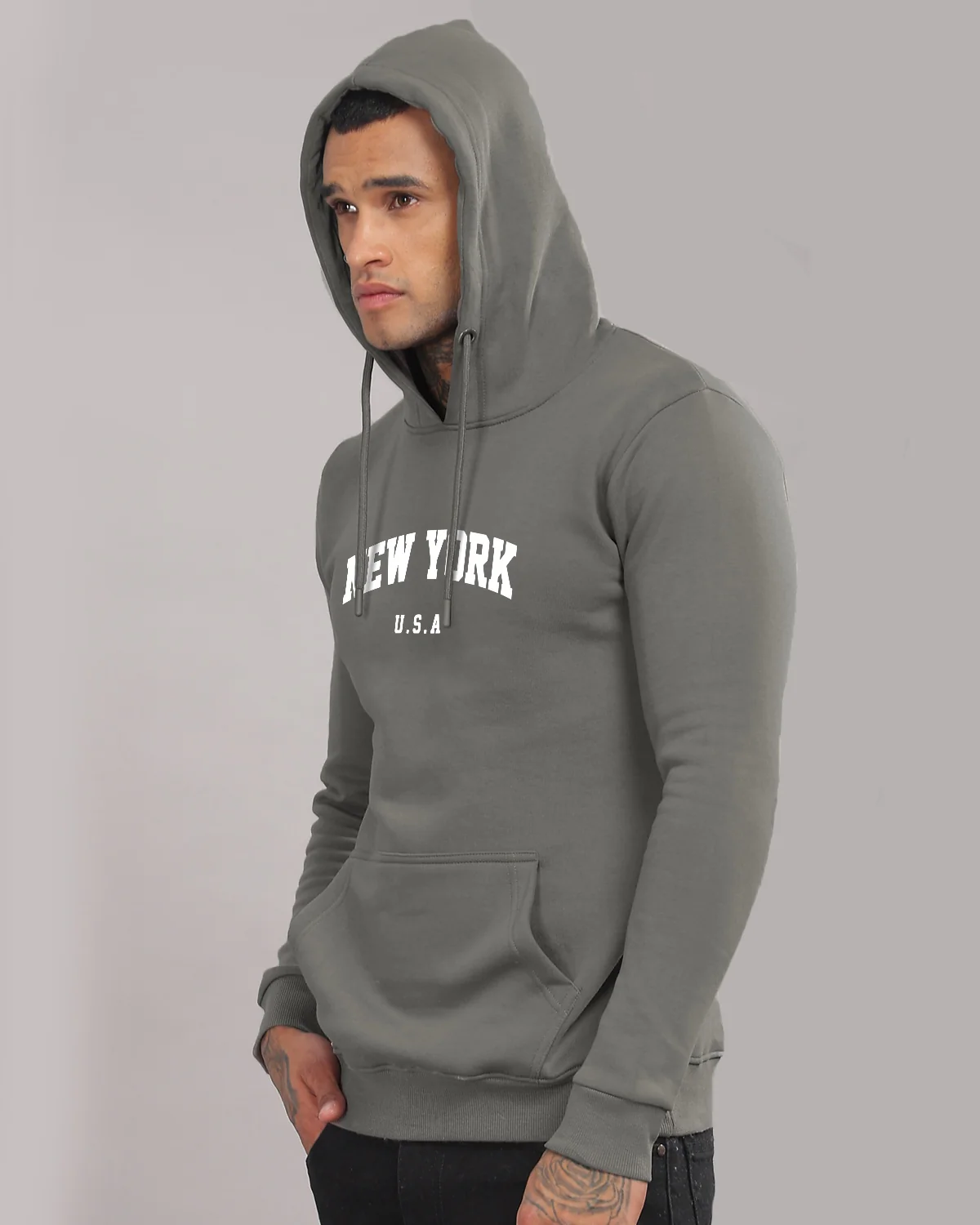 Men Grey Printed Cotton Hoodie - Image 5