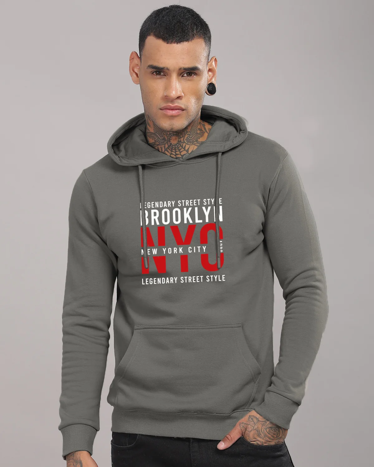 Men Grey Printed Hoodie - Image 2