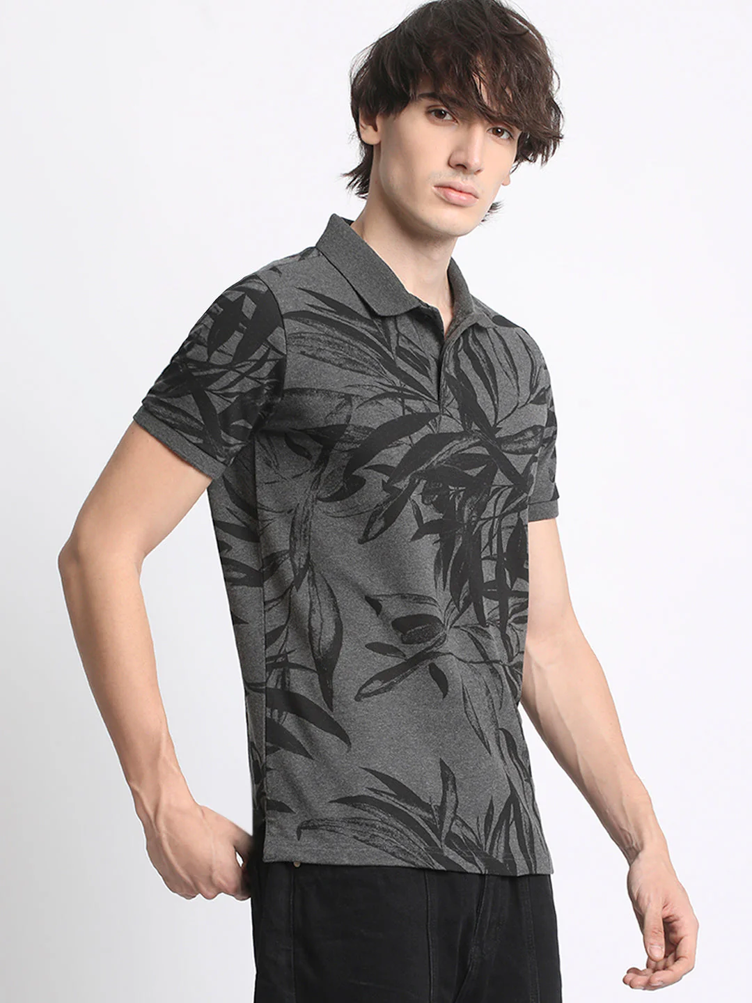Men  Grey Printed Regular Fit Polo T-Shirt - Image 3