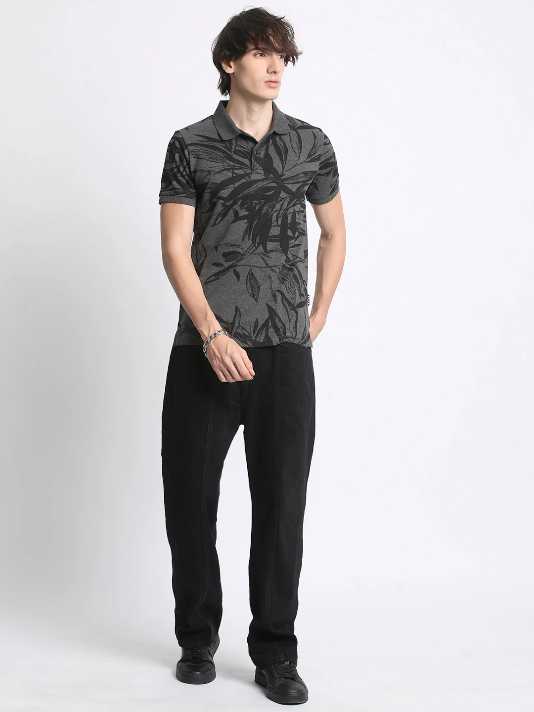 Men  Grey Printed Regular Fit Polo T-Shirt - Image 5