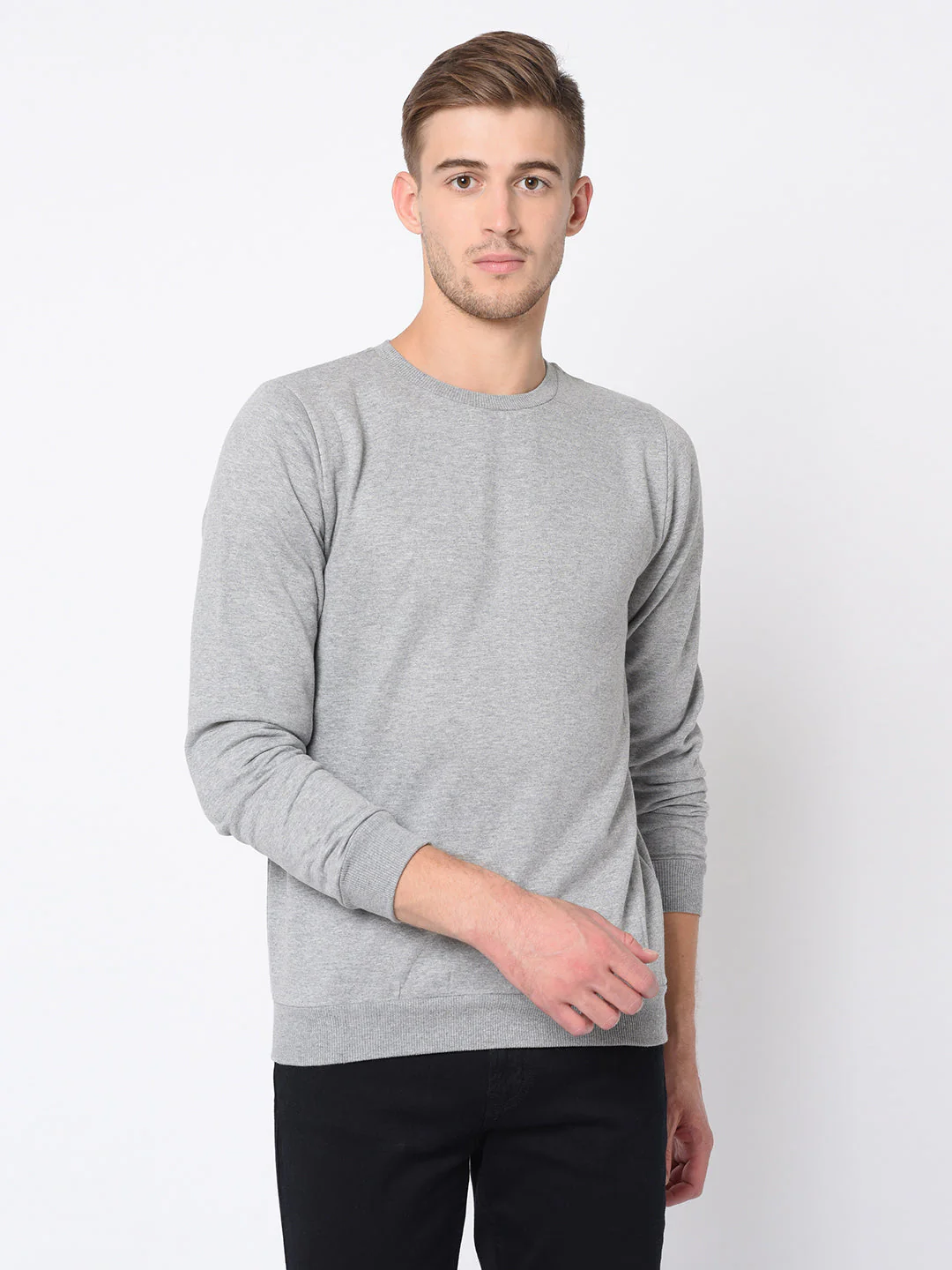 Men Grey Round Neck Cotton Fleece Sweatshirt - Image 2