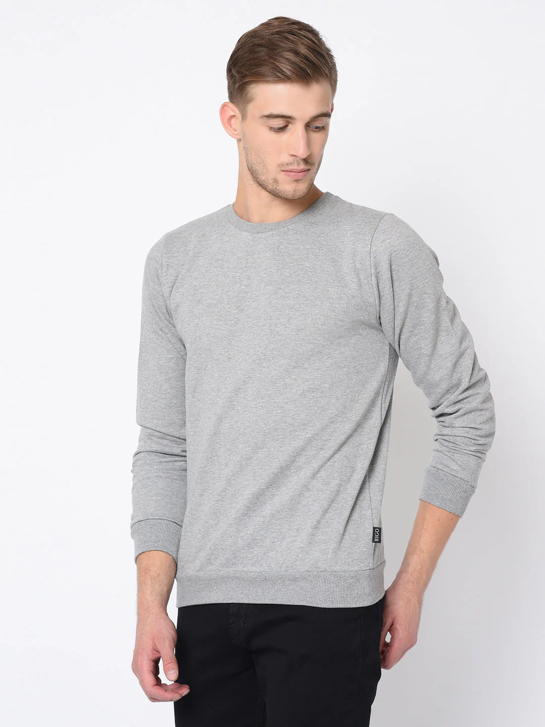 Men Grey Round Neck Cotton Fleece Sweatshirt - Image 3