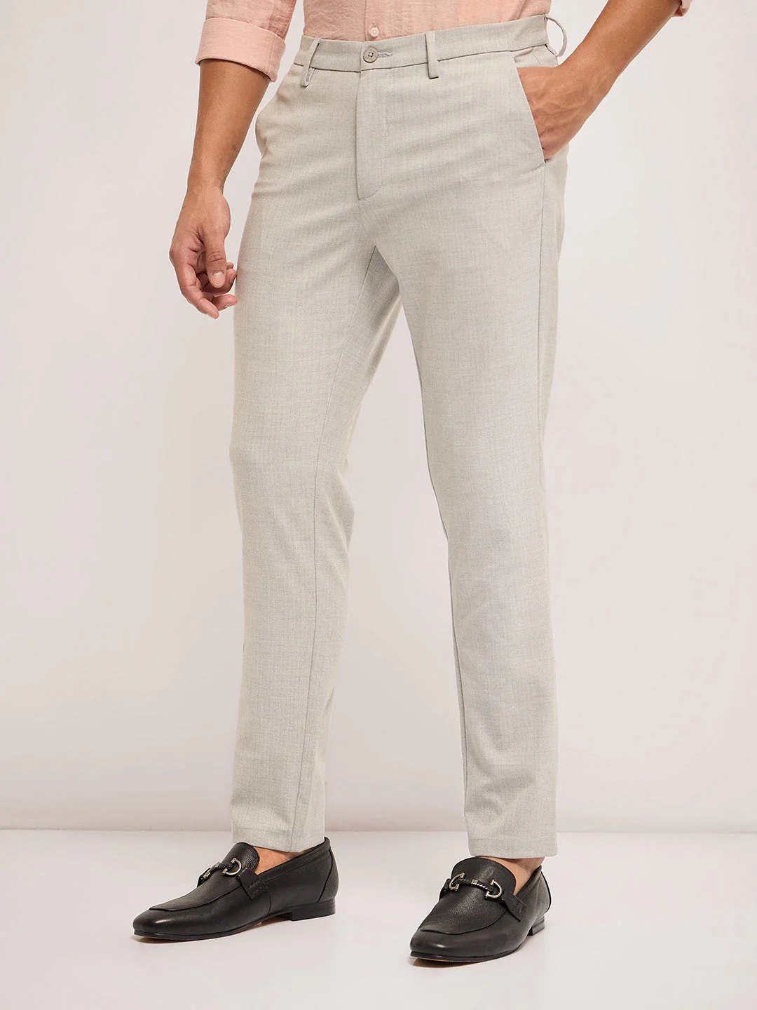 Men Grey Self Design 4 Way Stretch Formal Trouser - Image 3