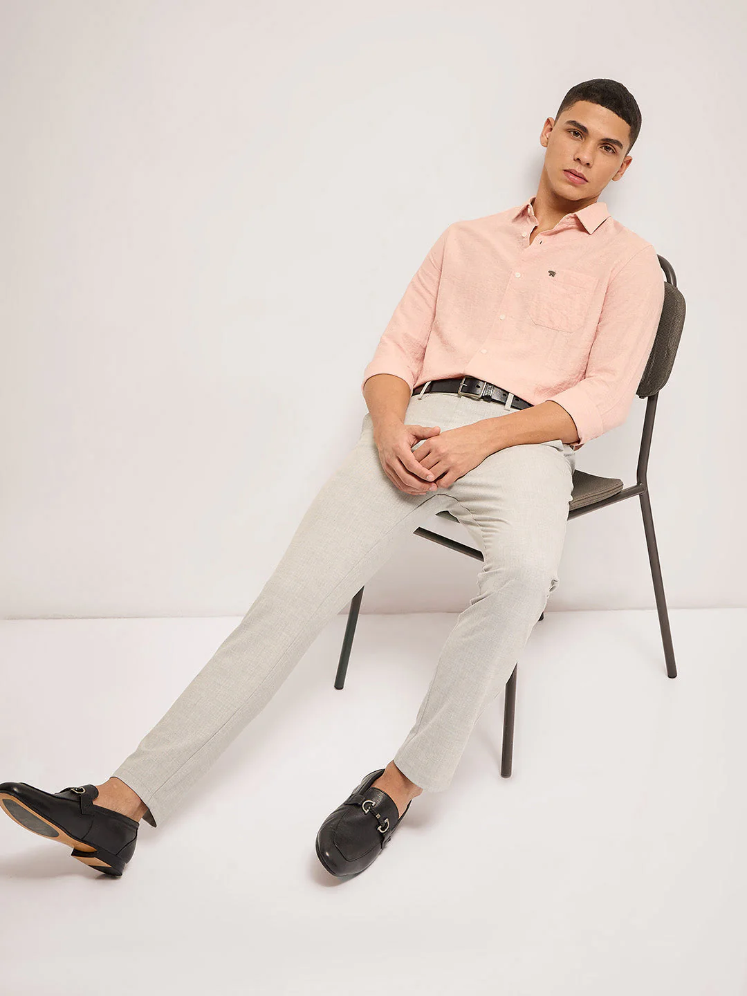 Men Grey Self Design 4 Way Stretch Formal Trouser - Image 4