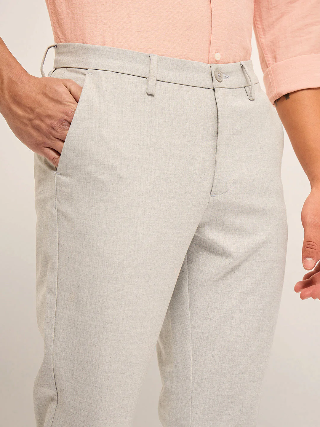 Men Grey Self Design 4 Way Stretch Formal Trouser - Image 6