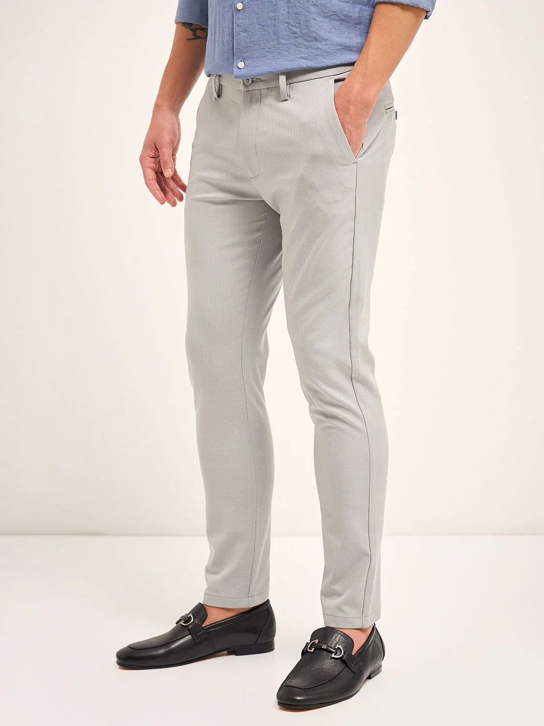 Men Grey Self Design 4 Way Stretch Formal Trouser - Image 3
