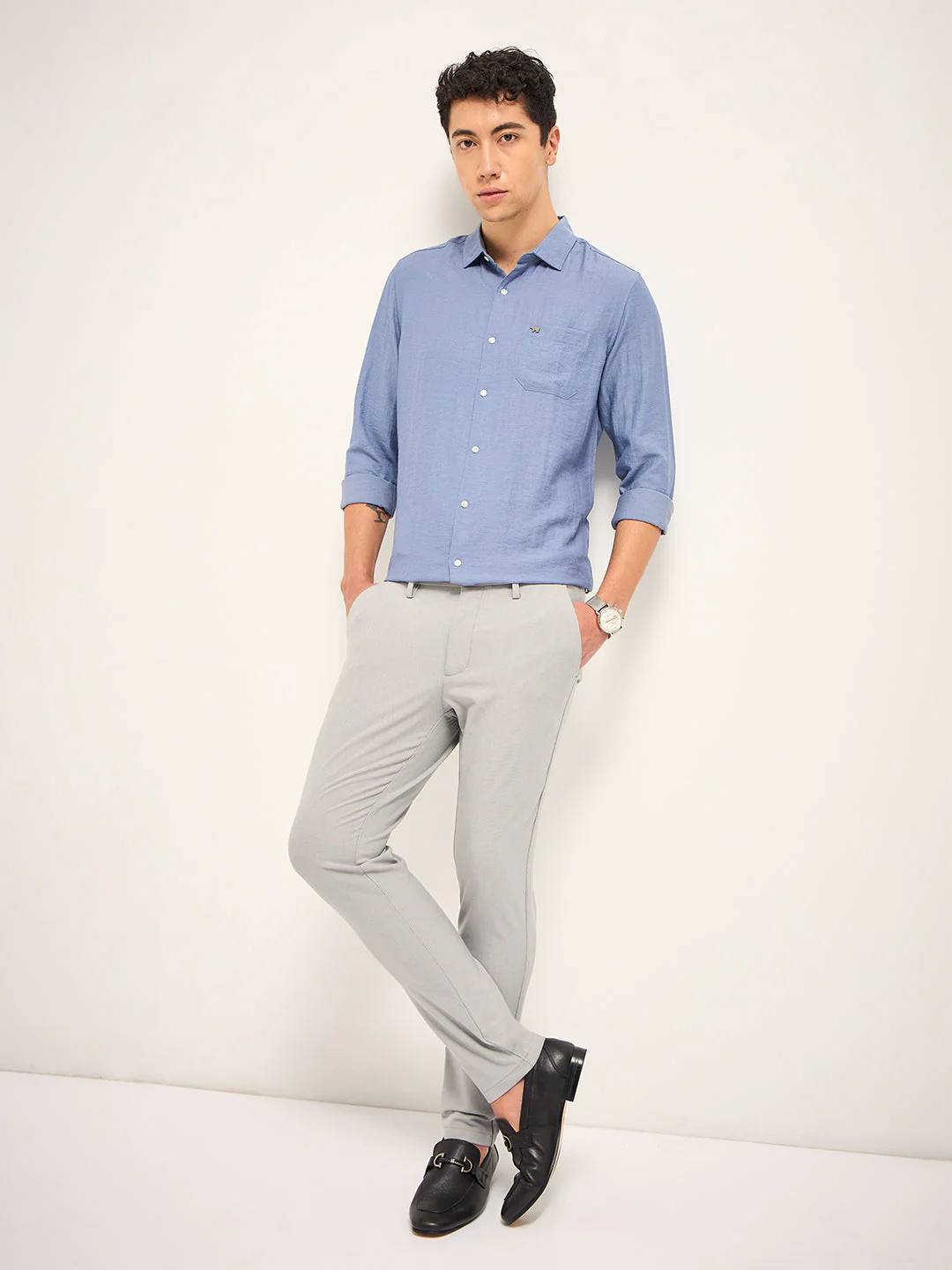 Men Grey Self Design 4 Way Stretch Formal Trouser - Image 4