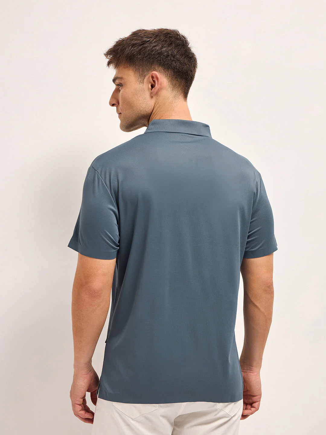 Men Grey Self Design Slim Fit Classic Polo T-shirt - Image 2