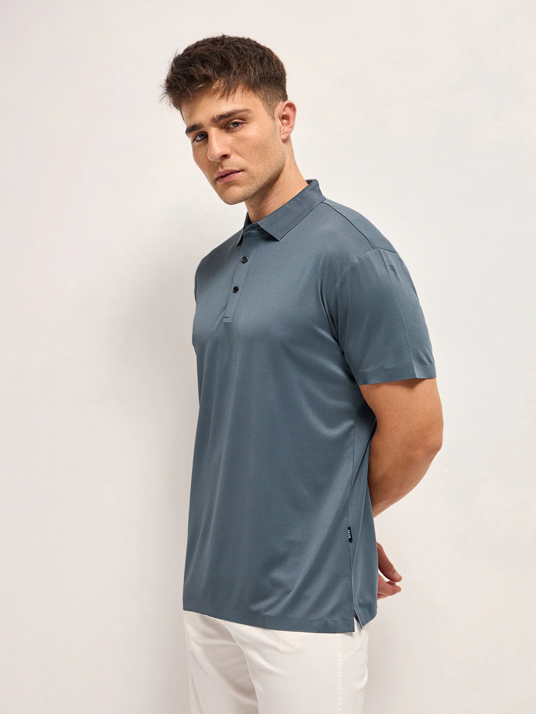 Men Grey Self Design Slim Fit Classic Polo T-shirt - Image 3