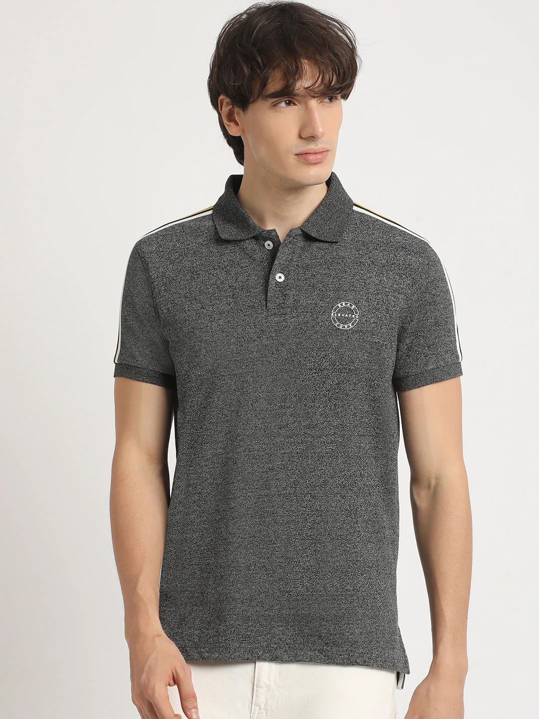 Men Grey Self Design Slim Fit Polo Collar T-shirt - Image 2
