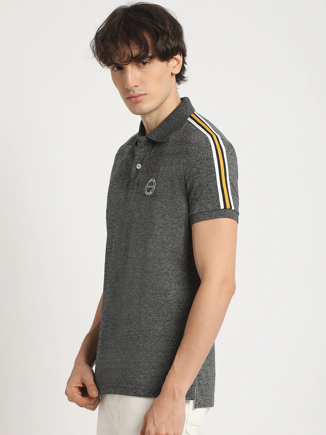 Men Grey Self Design Slim Fit Polo Collar T-shirt - Image 3