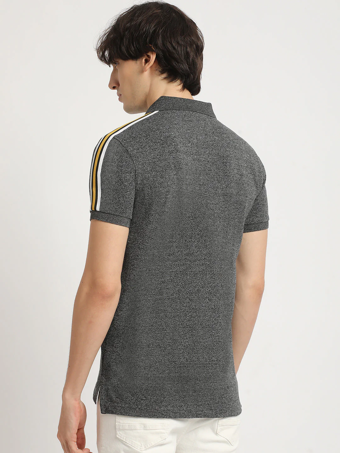 Men Grey Self Design Slim Fit Polo Collar T-shirt - Image 4