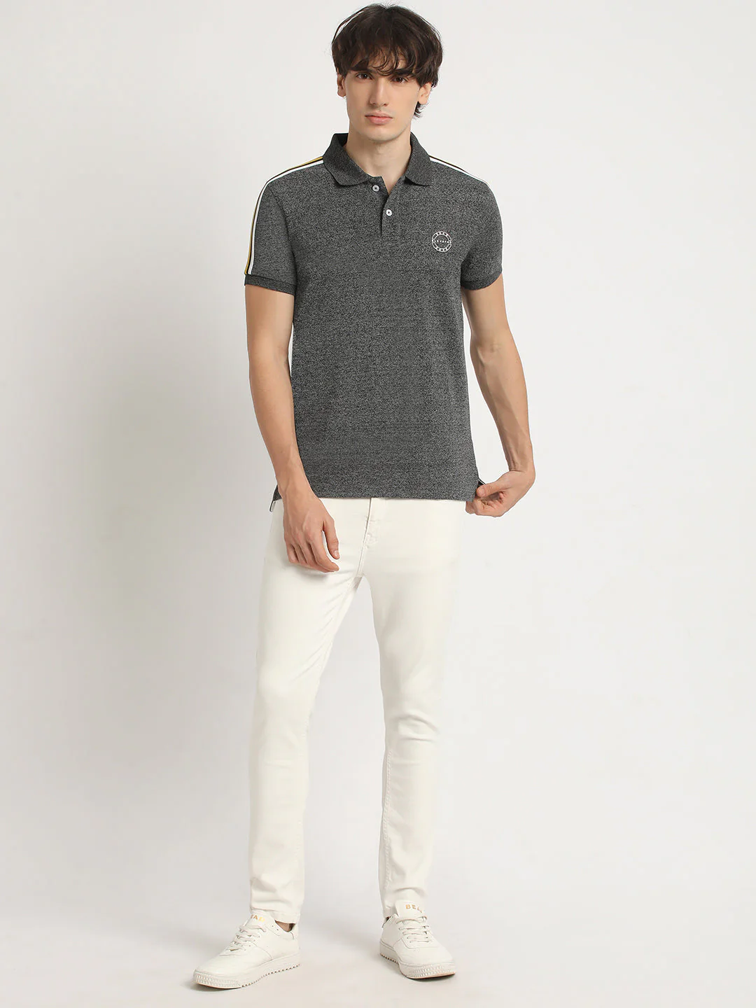 Men Grey Self Design Slim Fit Polo Collar T-shirt - Image 5
