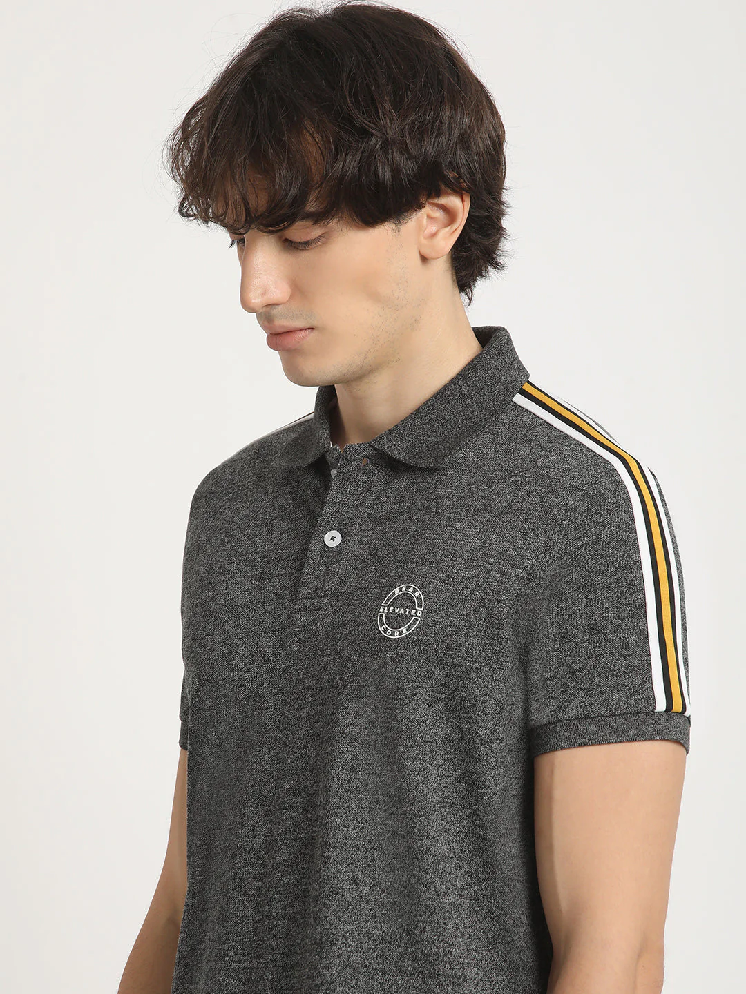 Men Grey Self Design Slim Fit Polo Collar T-shirt - Image 6